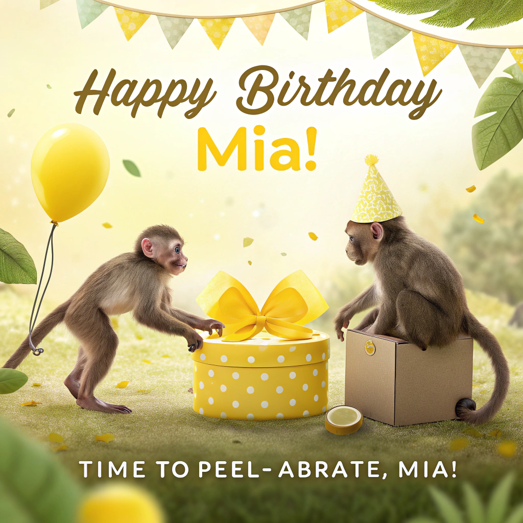 At the top of the Photorealistic picture taken from a camera image, “ Happy birthday Mia!!”

At the bottom of the image, "Time to peel-abrate, Mia!"

Ultra‑high‑definition 4K photorealistic scene in a cute, sunlit baby‑yellow party setup. Two baby monkeys steal the spotlight: one tiny capuchin wearing a baby‑yellow, banana‑print party hat, gently holding a small banana; another playful squirrel monkey perched on a baby‑yellow gift box, tugging a curling helium‑balloon ribbon. Foreground on a rustic wooden table: a small baby‑yellow buttercream cake topped with banana slices and delicate sugar blossoms, scattered pastel confetti, and satin ribbons. Background: a soft baby‑yellow muslin backdrop draped with banana‑shaped bunting; a cluster of semi‑translucent baby‑yellow balloons catching crisp specular highlights; warm fairy‑light bokeh for dreamy depth. Natural window light from the side, accurate color and lifelike textures—individual fur strands, frosting swirls, wood grain, fabric weave. Shallow depth of field (50mm, f/1.8 look): tack‑sharp focus on the nearest monkey’s bright eyes with tiny catchlights; creamy background blur. Headline text at the top in big, playful baby‑yellow brush lettering with a subtle white outline and soft drop shadow for legibility; punch‑line at the bottom in warm cocoa‑brown hand‑lettered script, centered just above the table edge.
Generated with these themes: Baby yellow , Monkeys , and .
Made with ❤️ by AI.