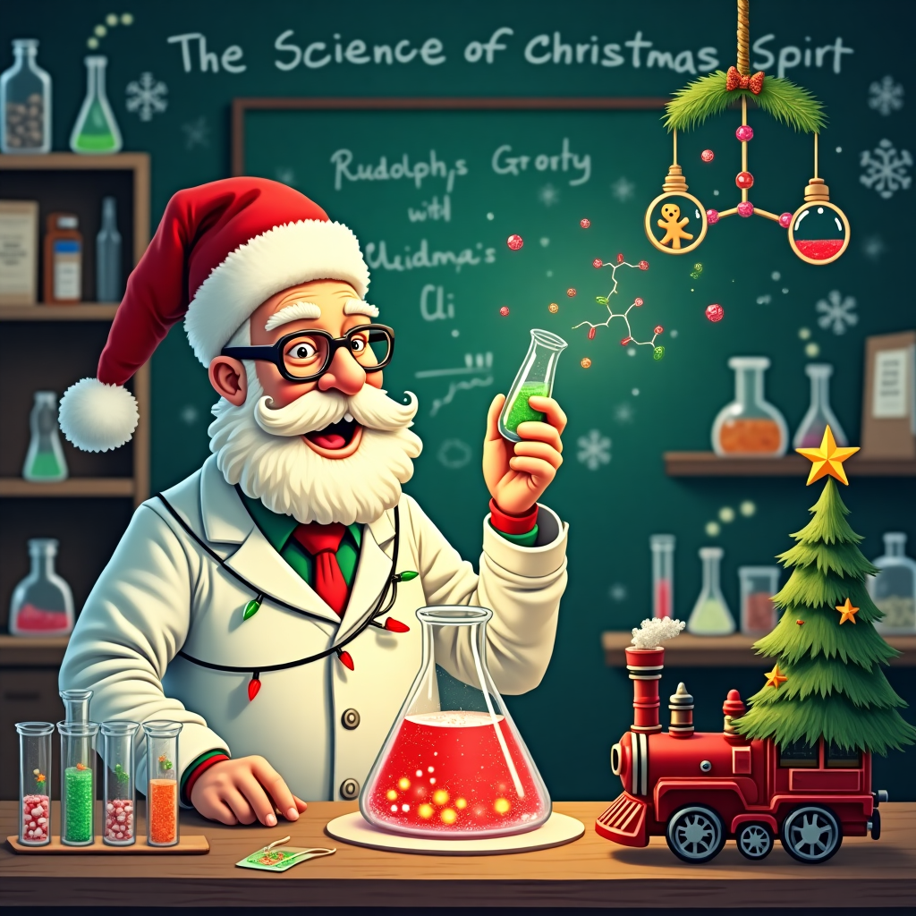 The Christmas greetings card cover captures an amusing, bustling scene inside a quirky, festively decorated laboratory. The main focal point is a jolly scientist dressed in a red Santa hat and a lab coat that's humorously adorned with Christmas lights, flashing intermittently like a string of holiday cheer. He's peering through quirky, oversized spectacles at an ornate beaker that bubbles with a swirling, iridescent mixture of red and green — a chemical concoction that seems to have a life of its own, forming tiny shapes of Christmas trees and stars within the liquid. 

Around him, the lab is filled with whimsical scientific paraphernalia: test tubes filled with liquid candy canes and gingerbread men, while a small Christmas tree on the counter is decorated with molecular model ornaments instead of traditional baubles. On a nearby table, a row of Erlenmeyer flasks are lined up, each one labeled with holiday names like "Rudolph's Glow," "Frosty's Chill," and "Elf Elixir," their contents shimmering in vivid holiday hues. 

In the background, a chalkboard covered with chalky white snowflakes and hastily drawn equations depicts the "Science of Christmas Spirit," while a toy train, adapted to run on a set of tracks shaped like a chemical structure, chugs merrily along the floor. Overhead, a bunch of mistletoe dangles from a chemical structure mobile, providing a humorous twist to the traditional holiday decor. The entire scene is an alchemical celebration of holiday spirit and scientific curiosity, promising both a hearty chuckle and a burst of festive cheer.
Generated with these themes: Chemistry.
Made with ❤️ by AI.