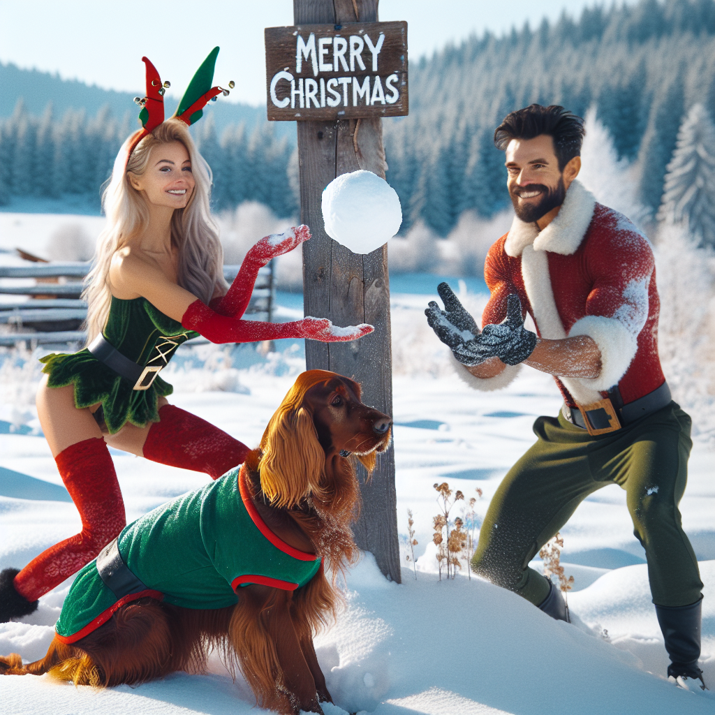 In this charming Christmas scene, an Irish setter, with a jolly green ribbon around its neck, frolics in the snow with a blonde woman and a dark-haired man. The woman, dressed as an elf complete with pointed ears, cheerily throws a snowball, while the man, wearing a Santa Claus outfit, catches it with joy. The surrounding landscape is a winter wonderland, and centrally placed is a rustic wooden sign, etched with 'Merry Christmas' in playful red script, which complements the red and green theme of the trio's attire.
Generated with these themes: Irish setter, Blonde woman, and Dark haired man .
Made with ❤️ by AI.