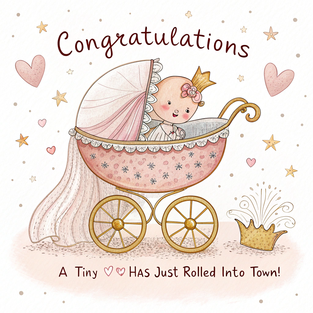 At the top of the image, **"Congratulations"**  

At the bottom of the image, add: **"A tiny VIP has just rolled into town!"**  

- In the center, illustrate a hand-drawn, whimsical baby in a fancy vintage-style pram with ornate golden wheels and a lacy canopy.  
- The baby peeks out with rosy cheeks, wearing a tiny crown or bow, looking cheekily proud.  
- Surround the pram with soft pastel accents (floating stars, gentle hearts, maybe a rattle or toy dangling nearby) to give it a dreamy, celebratory mood.  
- Keep the background clean and white so the pram and baby pop as the focal point.  
- Use fine linework, textured brush strokes, and a warm, tender color palette to enhance the charm.  
Generated with these themes: White background. Baby is a fancy pram, and .
Made with ❤️ by AI.