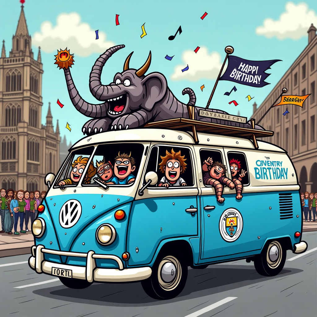 Of course! Here's the detailed prompt for the image you asked for:

---

**Prompt:**

At the top of the illustration image, write:  
**"Happy Brutal Birthday, Joanne – Let's WRECK it like Sky Blues on Tour!"**

Illustration style, funny mood.  
The image shows a wild, cartoonish scene of a battered, gnarly-looking *campervan* roaring through the streets of *Coventry*, blasting *death metal* music at full volume from oversized, ridiculous speakers mounted on the roof.  
The campervan is painted sky blue and white, with the *Coventry City Football Club* badge slapped across the doors like punk rock stickers.  
Inside the van:  
- Cartoon Joanne is dressed in a full heavy metal outfit (spikes, leather jacket, huge boots), grinning manically, throwing the devil horns hand sign out the window.  
- A crew of mischievous cartoon Sky Blues mascots (e.g., a crazy-looking elephant) are crammed inside, headbanging wildly.  
In the background:  
- Famous Coventry landmarks (like the Coventry Cathedral ruins) whiz past in a blur.  
- Death metal "Happy Birthday" banners trail from the back of the van like party streamers.  
The whole image is bursting with chaotic, joyful, metalhead energy – with flying confetti made of tiny footballs and mini guitars.

---

Would you also like a couple of alternate options? 🎸🎂🚐👹
Generated with these themes: Coventry City Football Club, Death metal, Campervan, and Coventry.
Made with ❤️ by AI.