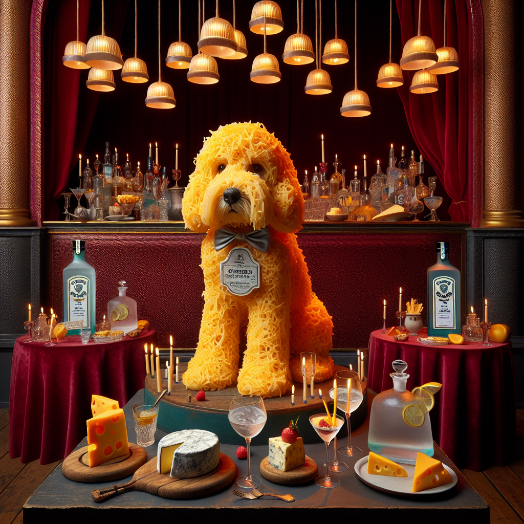 Create an image of a whimsical birthday setting where the peculiar perfectly marries the plausible. This scene is dominated by a life-sized sculpture of a Cockapoo, entirely crafted from crumbly cheddar cheese, with an unusual detail of a gin bottle serving as a collar tag. Surrounding this peculiar centerpiece are tables adorned with red velvet cloth, reminiscent of a theater's grand curtains, where exotic cheese platters and gin cocktails in delicate glassware are on display. Above, an unusual source of lighting comes from hanging espresso cups, suspended like one-of-a-kind chandeliers, emitting a warm coffee-scented glow over the entire extraordinary yet elegant party assembly.
Generated with these themes: Cockapoo, Gin, Cheese , Theatre, and Coffee.
Made with ❤️ by AI.