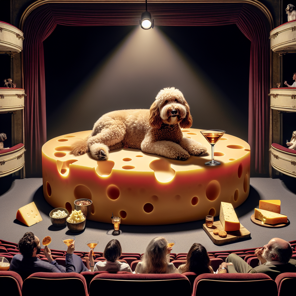 Visualize a theatrical birthday scene inspired by an avant-garde performance. In the center is a Cockapoo dog, lying on a stage that is designed as a gigantic cheese wheel, with its fur resembling the pattern of a cheese board. This peculiar canine is nursing a martini glass filled with gin. In box seats around the stage, attendees are indulging in gourmet cheese bites and sipping from glasses filled with coffee-infused gin. The entire setting is bathed in the glow of a spotlight, spreading a warm, caffeine-inspired radiance. The scene is a fusion of the humdrum and the exceptional, illuminated under theater lighting.
Generated with these themes: Cockapoo, Gin, Cheese , Theatre, and Coffee.
Made with ❤️ by AI.