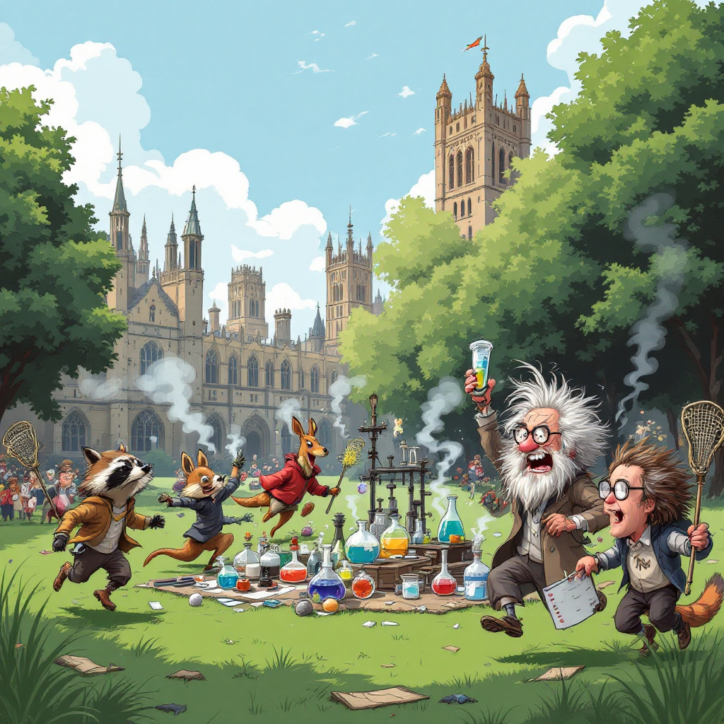 The scene opens on the lush, expansive grounds of Oxford University, with its iconic gothic spires and historic stone buildings providing a grand backdrop. In the foreground, a group of animated characters, reminiscent of the styles of Bill Watterson and Charles Schulz, are engaged in a chaotic, yet comical game of lacrosse. The players, decked out in a mix of traditional lacrosse gear and academic robes, are clearly a quirky mix of Oxford students and cartoon animals. There's a bespectacled raccoon, dressed in a tweed blazer with a lacrosse stick held high, and a kangaroo in an Oxford hoodie leaping mid-air for the ball.

In the center of the scene, a large chemistry lab apparatus is haphazardly set up on a patch of grass, filled with bubbling flasks and smoking beakers. A group of eccentric professors, their lab coats fluttering, are intently mixing colorful chemicals. One particularly enthusiastic professor, with wild hair and thick glasses, holds a test tube up to the light as it glows a bright green. The chemistry set has somehow become a makeshift goalpost, with lacrosse balls flying perilously close to the delicate glassware.

A banner strung between two trees reads "Happy Birthday!" in bold, playful letters, adorned with lacrosse sticks and periodic table elements. Scattered on the ground are chemistry-themed party hats and balloons shaped like atoms, adding to the festive yet scholarly chaos. In the background, a group of students sits on a picnic blanket, enjoying cake and watching the game with a mix of amusement and bewilderment.

Perched atop one of the trees, a mischievous squirrel, wearing a mortarboard, holds a lacrosse ball in one paw and an Erlenmeyer flask in the other, adding a touch of whimsy. This bustling scene blends academia, sport, and science in a charming, cartoonish tableau that celebrates the birthday of a true Oxford scholar.
Generated with these themes: Lacrosse , Chemistry , and Oxford University.
Made with ❤️ by AI.