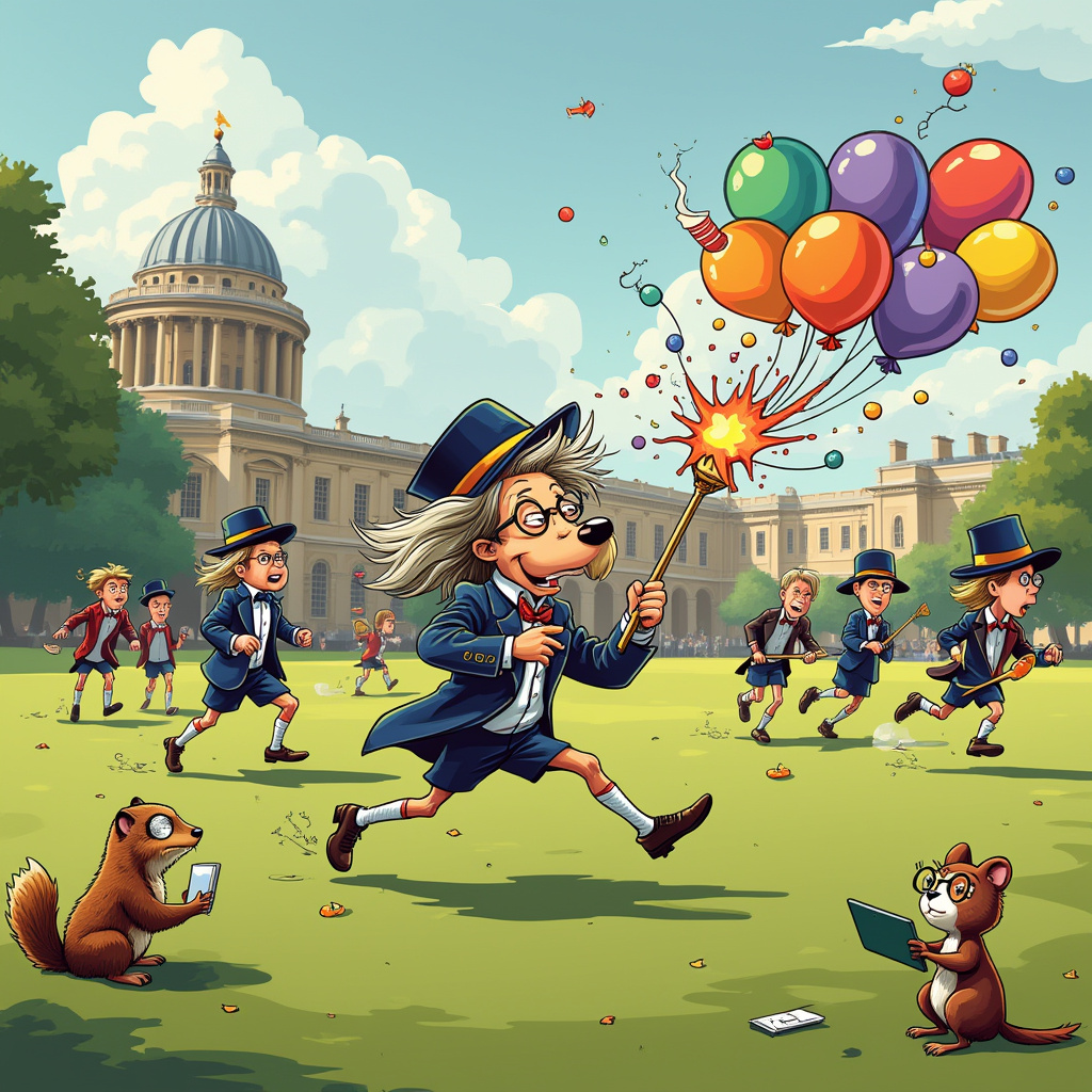 The scene is set on a lush, green field nestled within the historic grounds of Oxford University. In the background, the iconic Radcliffe Camera with its majestic dome towers over the landscape, offering a glimpse of the university's rich architectural heritage. In the foreground, a lively lacrosse match is in full swing. The players are an eclectic mix of quirky characters. On one side is a team of Oxford scholars, each clad in tweed blazers with elbow patches and wearing lacrosse helmets styled like mortarboards, complete with tassels. On the opposing team is a group of eccentric chemists, their jerseys adorned with periodic table elements and their lacrosse sticks humorously modified with test tube holders and Bunsen burners.

In the center of the field, a comically frazzled chemistry professor, with wild, Einstein-like hair and oversized glasses, is in the middle of an enthusiastic charge towards the goal. His lacrosse stick is erupting with colorful chemical reactions—swirling smoke, popping bubbles, and tiny cartoon explosions—that form the shapes of birthday balloons floating skyward. Nearby, a Peanuts-style beagle wearing an Oxford scarf serves as the referee, blowing a whistle that's far too big for its little mouth.

To add more whimsy, there's a curious little mole peeking out of the ground, wearing a tiny lab coat and taking notes, as if conducting its own scientific observation of the game. On the sidelines, a couple of spectators—an owl with spectacles perched on a tree branch and a squirrel with a mini chalkboard—are engaged in a heated debate over the chemical equations drawn in the air. The sun is shining brightly, and the whole scene is imbued with a sense of playful chaos, a perfect tribute to both the intellectual and athletic spirit of Oxford University on a birthday greeting card.
Generated with these themes: Lacrosse , Chemistry , and Oxford University.
Made with ❤️ by AI.