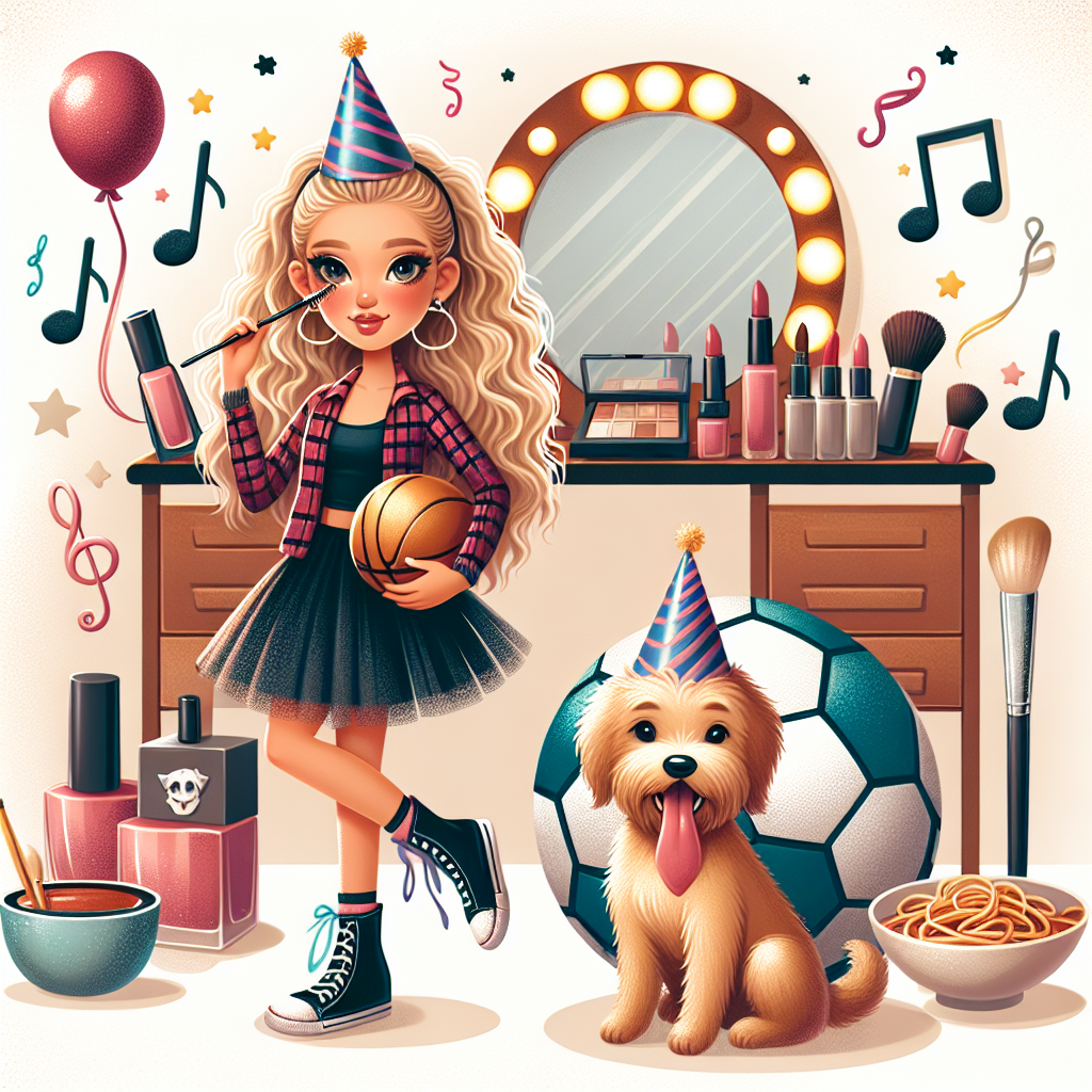 Create a birthday-themed illustration that encapsulates a sweet sixteen celebration. The central figure is a Caucasian girl with blonde hair, dressed in trendy clothes, holding a netball to signify her love for the sport. Next to her, a cheerful labradoodle wearing a party hat is sitting. The scene is set against the background of a high-end makeup vanity reflecting the girl's interest in beauty. Bowls of pasta scattered around signify her favorite food, and floating, stylized musical notes represent her passion for rap music. This all comes together to establish a warm, festive ambiance.
Generated with these themes: Sweet sixteen, Blonde, Fashion, Make up, Netball, Pasta, Labradoodle, Rap music, and Granddaughter.
Made with ❤️ by AI.