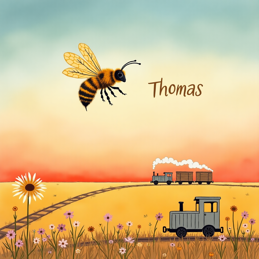 Minimalist watercolor illustration for a funeral card. Background: African savanna with sunset in South African flag colors. Central: a symbolic bee with translucent honeycomb wings. Foreground: a small Deutsche Bahn train on rails heading toward the horizon, next to a wooden beehive with wildflowers. Soft, muted earth tones. Sympathy Card