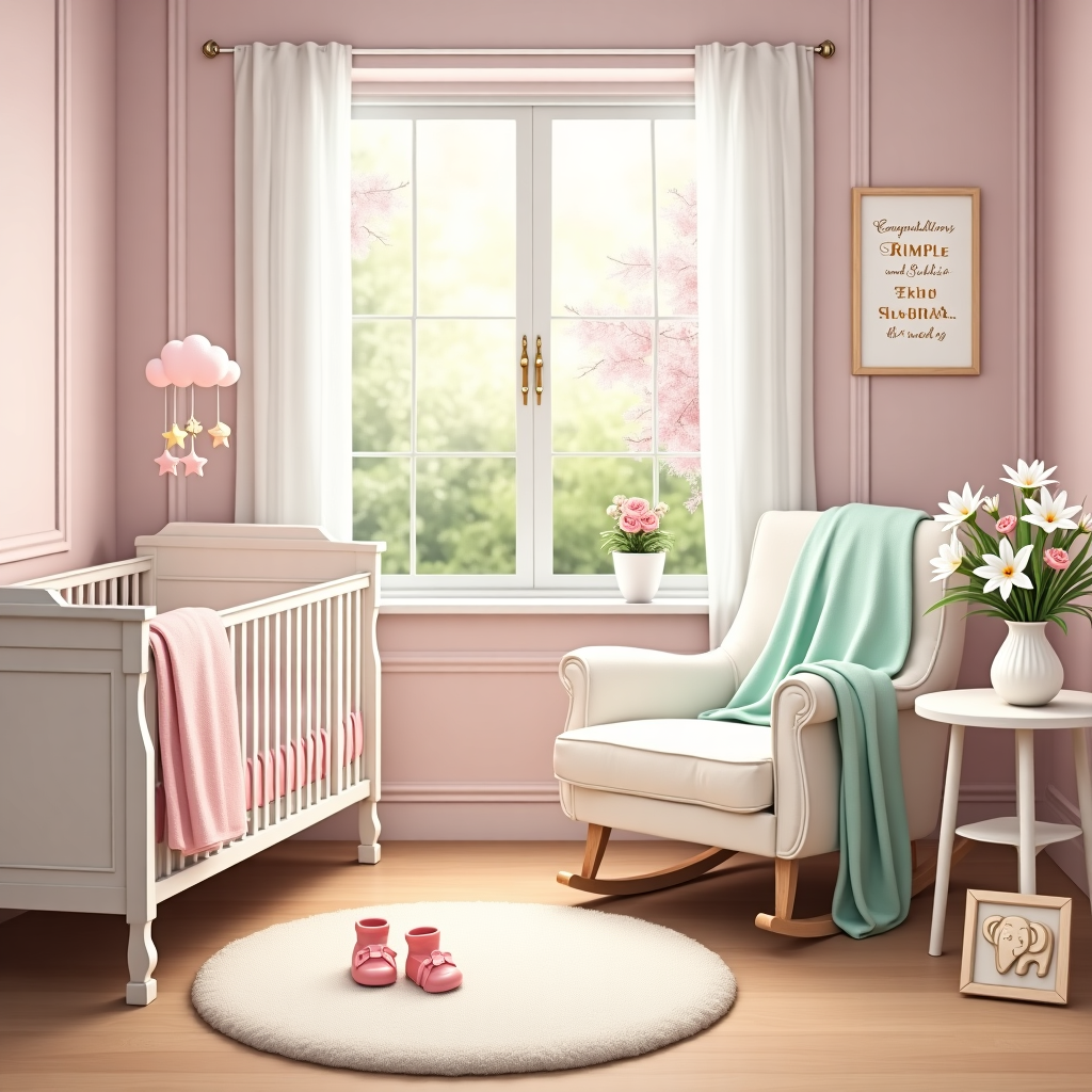 Front and center of the card, there is a realistic, high-definition photograph-style illustration of a cozy nursery room. The walls of the nursery are painted in a gentle pastel pink, with white crown molding adding a touch of elegance. Against one wall, a classic white crib with ornate detailing is adorned with a plush, pastel pink baby blanket draped over the side, and a soft mobile with cloud and star shapes gently hanging above.

In the foreground, a round, fluffy cream-colored rug is placed, where a pair of tiny pink baby booties sits, meticulously crafted with small ribbons. Near the booties, a wooden rattle shaped like an elephant with intricate carvings is casually resting.

To the right of the crib, there's a white rocking chair with a pastel green throw blanket folded neatly over the back. A small side table next to the chair holds a vase of freshly cut white lilies and pink roses, giving off a natural, vibrant splash of color. Next to the vase, a framed photo of Rimple and Sukhi smiling is placed, the frame itself decorated with tiny, embossed baby footprints.

The window in the nursery, dressed in sheer white curtains, allows soft natural light to stream in, casting a warm, inviting glow across the room. Through the window, a serene view of a garden with blooming pink cherry blossoms and lush green foliage is visible.

At the top of the card, in elegant gold lettering, reads: "Congratulations Rimple and Sukhi on Your Bundle of Joy!" The text is slightly embossed, giving it a three-dimensional effect that catches the light.

This card captures the tender moment of welcoming a new life, enriched with fine, lifelike details to create a sense of warmth and joy.
Generated with these themes: Make a card congratulating rimple and sukhi on the birth of their baby daughter.
Made with ❤️ by AI.