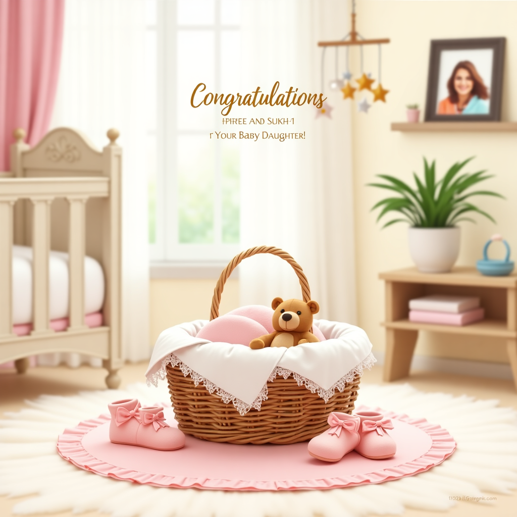 Front Cover Concept for "Congratulations Rimple and Sukhi":

Visual Scene Description:

1. **Central Focus - New Baby's Basket:**
   - In the center of the card, illustrate a beautifully woven wicker basket. The basket is lined with a soft, plush white blanket that gently spills over the edges.
   - Nestled inside the basket is a small teddy bear with a light brown fur and a pink ribbon tied in a bow around its neck.

2. **Baby's Essentials:**
   - Next to the basket, place a pair of tiny pink booties with delicate lace trim. The booties should have a soft texture, hinting at their coziness.
   - Include a pacifier resting beside the booties, colored in pastel pink with a simple floral design on the front.

3. **Backdrop - Nursery Setting:**
   - The background should depict a cozy nursery room. On one side, illustrate a cream-colored crib with ornate detailing on the headboard.
   - Hanging above the crib, a mobile with small plush stars and clouds in soft yellows and whites should be gently swaying.
   - Add a window with sheer white curtains allowing soft daylight to filter through, casting a warm glow over the scene.

4. **Decorative Elements:**
   - On a nearby shelf, depict a framed photograph of Rimple and Sukhi, subtly blurred to maintain focus on the central scene but recognizable.
   - Include a small potted plant with lush green leaves on the shelf, adding a touch of natural vibrance.

5. **Color Palette:**
   - Use a palette of soft pastels - pinks, creams, and gentle greens to create a soothing and inviting atmosphere.
   - Accentuate with hints of gold, such as on the frame of the photograph, to add an element of celebration.

6. **Text Elements:**
   - At the top of the card, in elegant gold script, write "Congratulations Rimple and Sukhi!"
   - At the bottom, in smaller, equally elegant font, add "On the Birth of Your Baby Daughter."

This scene combines lifelike details with a celebratory theme, capturing the essence of welcoming a new baby into a loving family.
Generated with these themes: Make a card congratulating rimple and sukhi on the birth of their baby daughter.
Made with ❤️ by AI.