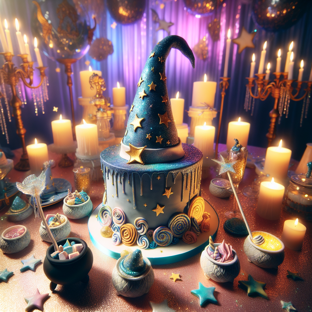 Imagine a charming birthday party scene imbued with a touch of magic. The highlight of the event is an intricately designed cake showcasing the wizardry theme. Its centerpiece is a life-like fondant wizard's hat, liberally dusted with sparkling edible glitter, which brilliantly exemplifies the ethereal aura of this magical gathering. Delicate miniature cauldrons, filled to the brim with sugary treats, are strategically placed among the decorations. Mysteriously arranged candles around the scene emit an alluring, almost supernatural glow, eliciting the imagery of a world where the line between fantasy and reality blur.
Generated with these themes: Hocus pocus.
Made with ❤️ by AI.