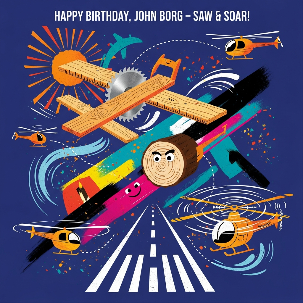 At the top of the Abstract Style image, Happy Birthday, John Borg — Saw & Soar!

Bold abstract composition with a funny, celebratory mood: deep cobalt ground splashed with high-contrast blocks of tangerine, magenta, acid yellow, teal, crisp white, and jet black. Wood industry motifs become dynamic geometry—stacked plank rectangles arranged like airplane wings, a radiant circular saw as a sunburst, and a log cross-section whose rings spin into helicopter rotor spirals. Multiple choppers implied by oval fuselages and sweeping rotor arcs; planes distilled into angular triangles and trapezoids lifting from a runway of striped boards. Fluid brush-stroke gusts and dotted flight-path curves crisscross the scene, flinging confetti-like “sawdust” specks for birthday energy. Comedic touches: plank-shaped wings with tiny measurement ticks, a saw blade whose teeth flicker like candle flames, a smiling notch cut into a log, and rotor swirls that wink like cartoon eyebrows. Texture-rich mix of thick impasto strokes, ink splatters, and crisp vector edges; strong diagonals and curving motion for lift-off vibes. Reserve breathable space around the top caption; set caption in bold sans-serif, bright white with a soft shadow for legibility. Portrait orientation, ultra-detailed, modern expressive abstract; no additional text.
Generated with these themes: Wood industry, Helicopters, planes, and .
Made with ❤️ by AI.
