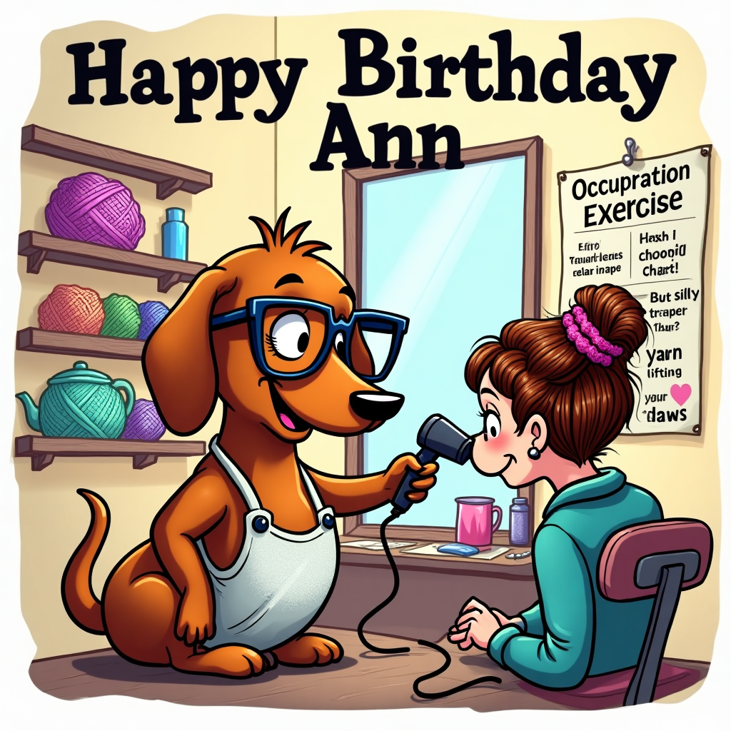 At the top of the Cartoon Style image, write in big, curly, colourful letters: **Happy Birthday Ann**.  

Create a funny, bright, cartoon-style scene showing a miniature dachshund sitting in the middle of a hair and beauty salon — but the pooch is the stylist! The dachshund wears oversized cat-eye glasses and a sparkly apron, balancing a crochet hook in its paw while simultaneously blow-drying a client's hair. The client (a cheerful cartoon lady) has curlers made from tiny crocheted yarn balls, and a ridiculous occupational therapy-style “relaxation exercise” chart pinned to the wall — but it’s all silly stretches for pampering, like "yarn lifting" and "wiggle your paws." The salon is bursting with vibrant colour: shelves of rainbow yarn, hair products shaped like teapots, and a mirror showing the lady’s hair turning into a giant crocheted hat.  

At the bottom of the image, add a smaller caption in playful handwritten lettering: **"Paw-sitively fabulous at any age!"**  

Exaggerated proportions, thick black outlines, and energetic poses make the scene feel lively and over-the-top.
Generated with these themes: Crochet, Minature dachshund, Occupational therapy, Hair and beauty, and .
Made with ❤️ by AI.