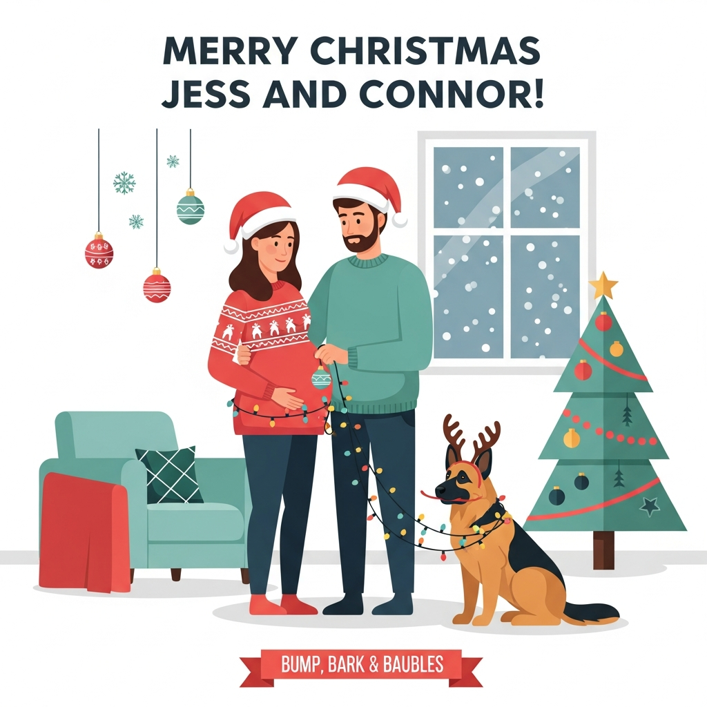 At the top of the Vector Style image, place the text "Merry Christmas Jess and Connor!"

Funny flat-vector Christmas scene featuring a loving couple (partner + visibly pregnant woman) and their German Shepherd in a cozy, modern living room. The pregnant woman stands center, cradling her bump, wearing a festive patterned jumper (no text). Her partner stands close, one arm around her, both in Santa hats, playfully trying to hang a shiny bauble on the bump. A colorful string of fairy lights loops from the partner’s hands around the bump and down to the German Shepherd, who wears reindeer antlers and looks cheekily proud, lightly tangled in the lights.

Place a small ribbon banner near the bottom, held in the dog’s mouth, with the single cheeky line: “Bump, Bark & Baubles.”

Set a stylized geometric Christmas tree with simple ornaments and a star on one side; a window with soft falling snow on the other. Add a few floating baubles and snowflake confetti for motion. Clean flat-vector art: crisp lines, solid color blocks, minimal gradients, modern graphic precision. Warm festive palette (evergreen, holly red, gold, winter white, soft teal). Portrait orientation, large central characters, generous negative space for the top greeting and the small bottom banner. No other text or logos.
Generated with these themes: Partner , Pregnant women , Germany shepherd dog , and .
Made with ❤️ by AI.