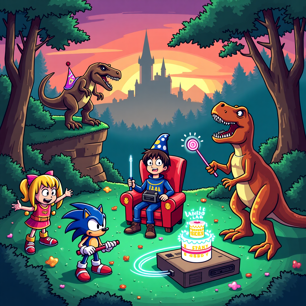 **Image Prompt:**

At the top of the illustration image: *“Happy B-day, Daddy – May the Dinos Be Ever in Your Gaming Lobby!”*

A vibrant, cartoon-style birthday scene set in a wacky mash-up universe:

- A pixelated, retro 90s-style Jurassic Park landscape, where T-Rexes wear wizard hats (Harry Potter-style) and are chasing a Robocop riding Sonic the Hedgehog through a neon green forest made of old Sega consoles.
- Daddy is in the center, wearing Frodo’s cloak, holding a game controller that glows like the One Ring. His gamer chair is on a cliff shaped like Hogwarts Castle.
- His two blonde-haired daughters appear as quirky elves – one riding a velociraptor with roller skates, the other casting glittery spells from a wand that doubles as a light saber and TV remote.
- A confused Gandalf stands off to the side trying to plug a joystick into a PS1, while Sonic does loop-de-loops around him yelling, “You shall not lag!”
- Floating 90s snack icons (like Dunkaroos, Push Pops, and Capri Suns) orbit a holographic cake displaying “Level-Up, Daddy!”

Everything has a chaotic, fun, and irreverently nostalgic vibe – perfect for a daddy-level boss birthday card.
Generated with these themes: Gamer , Lord of the Rings , Robocop, Jurassic Park , Two daughters with blonde hair , Harry Potter , Sonic , and 90s.
Made with ❤️ by AI.