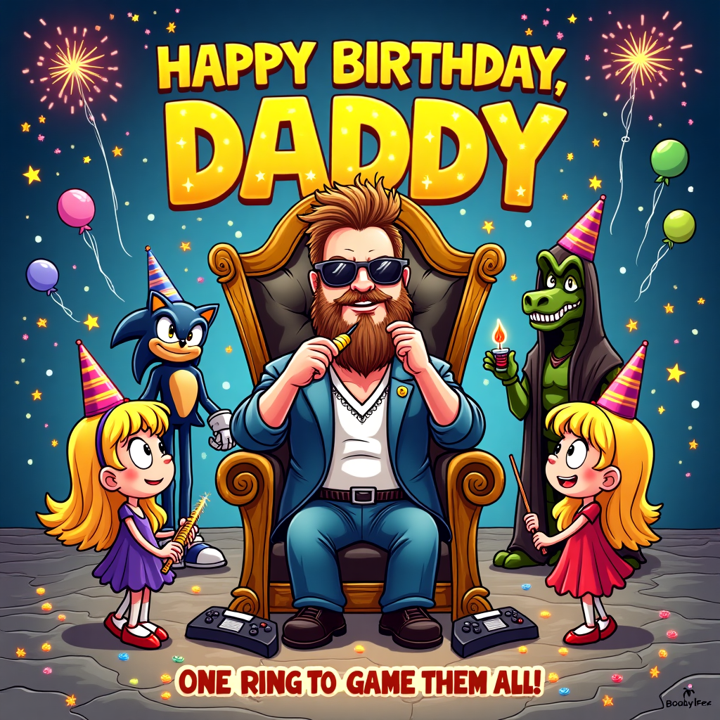 Gamer , Lord of the Rings , Robocop, Jurassic Park , Two daughters with blonde hair , Harry Potter , Sonic , and 90s Birthday Card