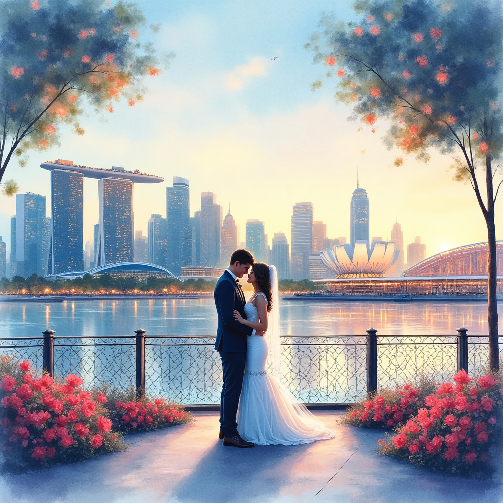 At the top of the Watercolor Style image, elegantly scripted: "Congratulations Laura & Ben"

---

**Image Prompt:**

Create a romantic wedding scene in watercolor style that captures the ambiance of a Formula 1 race in Singapore. Imagine a dreamy evening setting, where the cityscape's twinkling lights blend into the soft hues of watercolor. The Singapore skyline forms a backdrop with iconic landmarks subtly painted, casting reflections in shimmering pastel shades across the Marina Bay waters.

In the foreground, a graceful blend of wedding elements with F1 themes: delicate watercolor flowers in the shape of racing flags intertwine around a silhouette of a couple sharing a tender moment on a bridge. Their figures, though not detailed, exude warmth and joy amidst the gently flowing brushstrokes.

Add a touch of whimsy with tiny watercolor-rendered F1 cars on a meandering path, symbolizing the journey of love. Let the romantic atmosphere and the unique blend of motorsport excitement be captured through soft lines and vibrant colors, creating a harmonious and memorable wedding greeting card front cover.
Generated with these themes: F1, singapore, , and .
Made with ❤️ by AI.