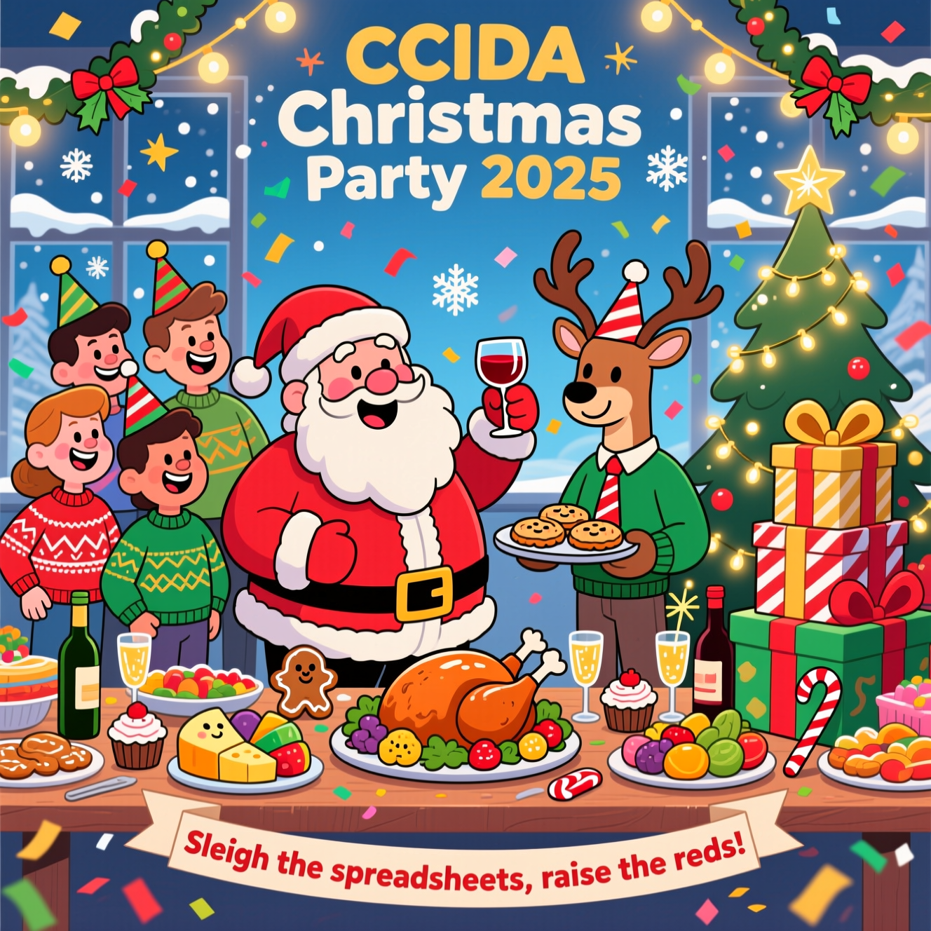 At the top of the Cartoon Style image, "CCIDA Christmas Party 2025"

A cute, bright Cartoon Style office Christmas party bursting with cheer. Playful cartoon characters with exaggerated proportions, thick outlines, bright saturated colors, and whimsical, energetic poses. In the center, a jolly, big-bellied Santa with rosy cheeks clinks a glass of red wine with a diverse group of smiling colleagues in fun ugly sweaters and party hats. Beside them, a friendly deer (reindeer) colleague with a tie and twinkly lights tangled in its antlers holds a tray of mince pies. A twinkling tree and a towering stack of wrapped presents with bold ribbons and candy-cane stripes fill the foreground. A long festive buffet table overflows with roast turkey, a colorful cheese board, gingerbread cookies with cute faces, cupcakes, fruit, and candy canes. Wine bottles and sparkling glasses gleam. Confetti, snowflakes, and star-shaped sparkles swirl through warm golden fairy lights and holly garlands. Background windows show gentle snowfall outside. Big smiles, chunky outlines, bouncy motion lines, and vivid reds, greens, golds, and icy blues make everything feel cozy and celebratory.

At the bottom of the image, in a small curved ribbon banner, add: "Sleigh the spreadsheets, raise the reds!"
Generated with these themes: Christmas Party, Presents, wine, food, Santa, deer, colleagues, and .
Made with ❤️ by AI.