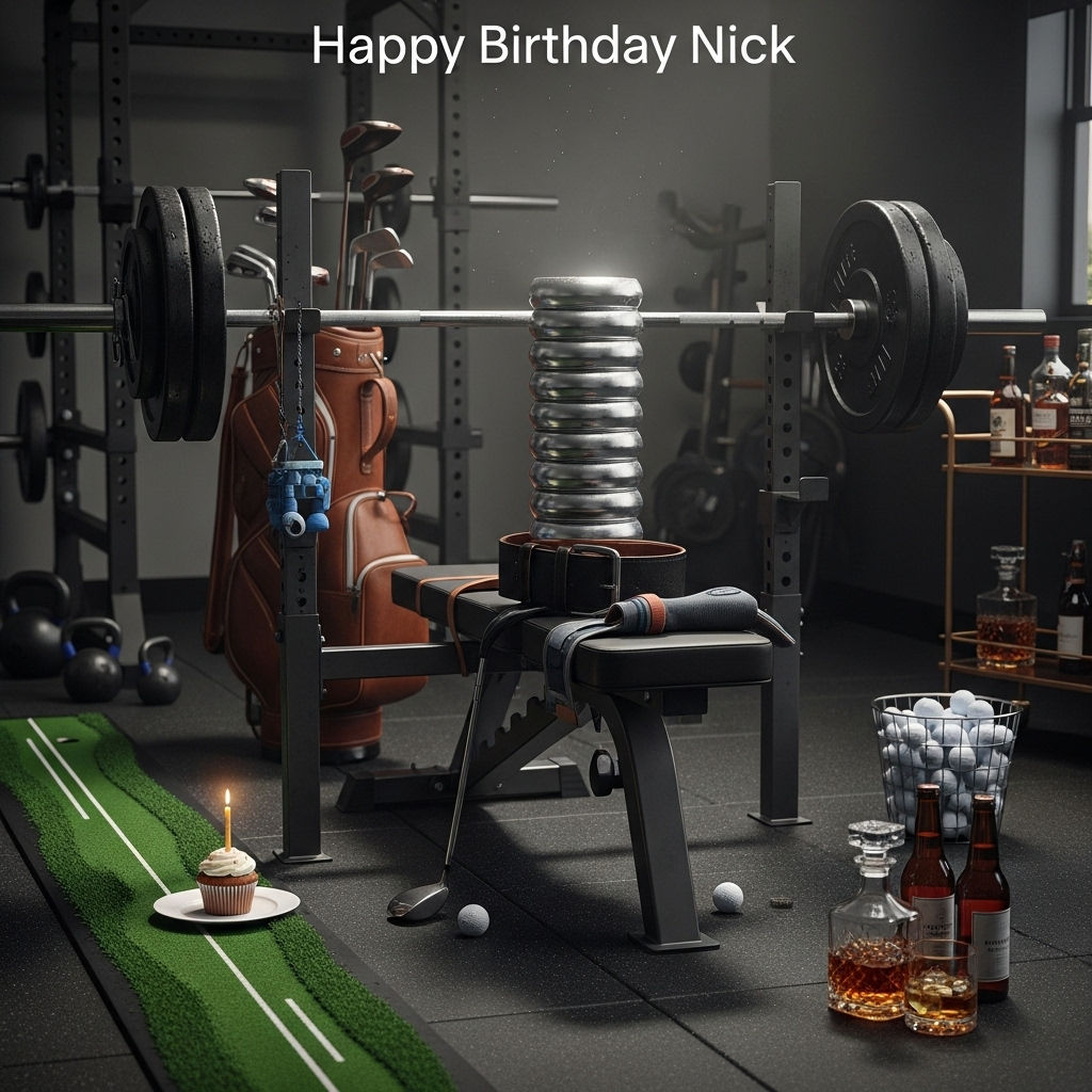 At the top of the Photorealistic picture taken from a camera image, "Happy Birthday Nick"

At the bottom of the image, a small cheeky caption: "Par-tee hard: lift, swing, sip, repeat."

Ultra-high-definition 4K UHD photograph with accurate lighting, lifelike textures, and rich depth of field, capturing a true-to-life scene. Funny, realistic mood.

Scene: A modern home gym cleverly transformed into a golf-meets-gains setup. Center frame: an Olympic bench press, the barbell humorously loaded with tightly clamped stacks of silver beer cans as “plates,” condensation beading and catching the light. Resting across the bench like a determined lifter is a premium leather golf bag cinched with a black weightlifting belt; clubs peek out, one with a tiny sweatband for a playful touch. To the left runs a narrow putting green mat on the floor; beside a white golf ball sits a cupcake perched on a tee with a single lit candle. To the right, a tidy bar cart holds a crystal whiskey decanter and a heavy-bottomed rocks glass with a large clear ice cube and an amber pour; two unlabeled frosty beer bottles stand nearby. Background details include a squat rack, kettlebells, and a bucket of clean golf balls; no brand logos.

Lighting and camera: Natural late-afternoon window light rakes in from camera-left with soft bounce fill from the right, creating crisp highlights on metal knurling and gentle, believable shadows; faint dust motes visible in the beam. Shot on a full-frame camera with a 35mm lens at f/2.8, bench-height perspective, 1/160s, ISO 200. Main subject tack-sharp with a softly blurred background for depth. True-to-life colors, tactile materials (metal, leather, grass fibers, glass, condensation) rendered with high realism. Clean scene, no people, witty composition that instantly reads golf + gym + whiskey + beer.
Generated with these themes: Golf, Gym, Whiskey, Beer, and .
Made with ❤️ by AI.