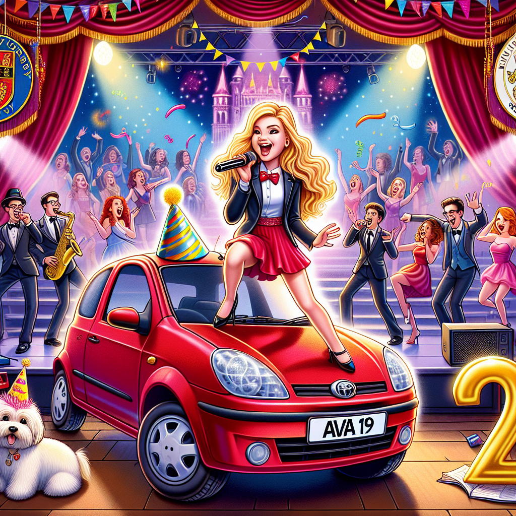 Blonde 19 year old girl singing in a musical on stage, Red Fiat 500 with AVA 19 number plate, Dancing, Stuffed white toy dog, and University Birthday Card
