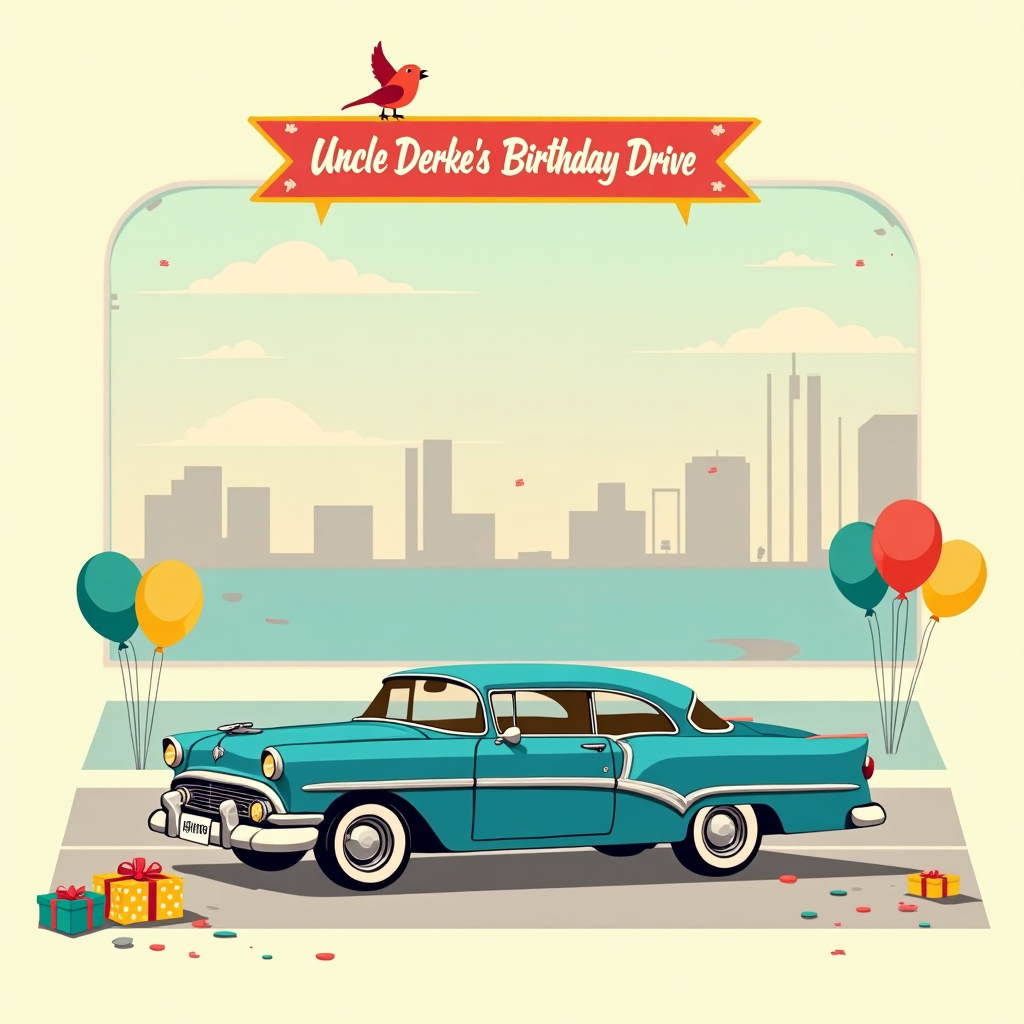 **Card Design Description:**

---

**Title:** "Uncle Derek's Birthday Drive"

**Scene Layout:**

- **Main Element: Vintage Car:**
  - A sleek, 1950s-inspired vintage car sits prominently in the center of the card. Its body is painted in a vibrant cobalt blue with crisp whitewall tires.
  - The car’s chrome accents gleam under an imagined light source, showcasing detailed, clean vector lines.
  - The front license plate reads “Uncle Derek” in bold, retro lettering.

- **Background:**
  - The scene is set against a flat, pastel-colored backdrop. The top half of the card features a soft, gradient sky transitioning from a light azure to a pale yellow, suggesting a sunny, perfect day.
  - Subtle flat clouds, reminiscent of puffy marshmallows, float in the upper background.
  - A simplistic, geometric cityscape with flat shapes, in muted tones of beige and grey, outlines the horizon. The buildings have distinct, crisp lines, echoing art deco influences.

- **Additional Elements:**
  - A vector-style banner, in bright red with yellow edges, hangs across the upper part of the card. It reads "Happy Birthday" in playful, bold typeface.
  - A tiny, vector bird perched on the banner, adding a whimsical touch. The bird is colored in contrasting orange and green hues.
  - Near the car, small, scattered vector-style party elements like a cluster of balloons in various colors (red, green, blue) and a neatly wrapped present with a polka dot pattern in bright yellow and white.
  
- **Ground:**
  - The car sits on a flat, solid strip of light grey, suggesting a road. It has a clean, uninterrupted line that emphasizes the car’s movement and vintage vibe.
  - Small, abstract geometric shapes in shades of teal and coral are scattered around the ground, giving the illusion of festive confetti.

---

This composition captures the requested vector style, combining flat shapes and crisp lines, while creatively incorporating the requested elements and theme.
Generated with these themes: Cars.
Made with ❤️ by AI.