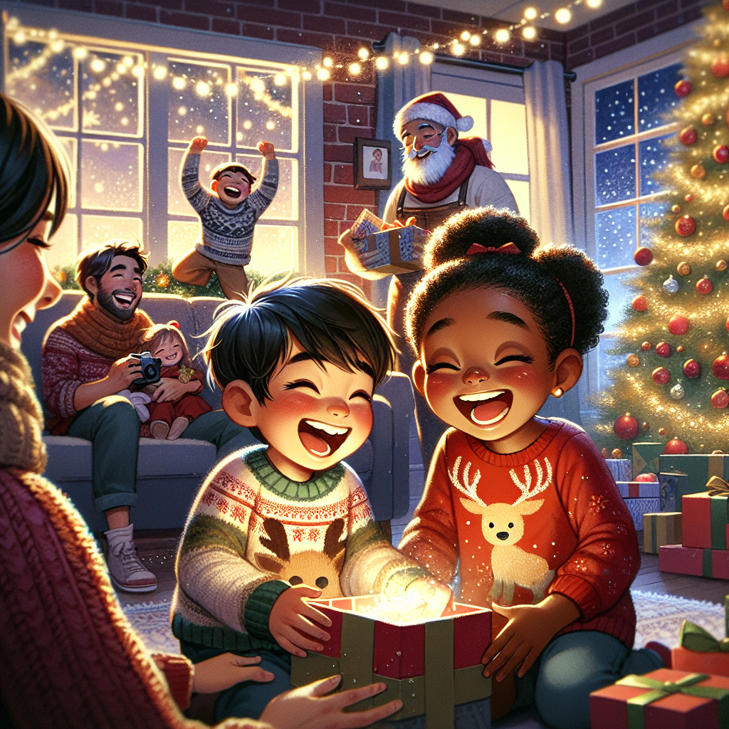 A heartwarming Christmas illustration depicts a cozy living room bathed in the soft glow of holiday lights. In the center, two children, a 4-year-old boy with a wide-eyed expression wearing a reindeer sweater, and a 7-year-old girl in a red dress with a delicate holly pattern, are giggling as they open a present. Their mom, adorned in a festive apron, looks on with a smile, while the dad, in a Santa hat, captures the moment on camera. In the background, Santa quietly places more gifts under the sparkling Christmas tree.
Generated with these themes: two children, boy 4 year, girl 7 year, mom, dad, santa.
Made with ❤️ by AI.