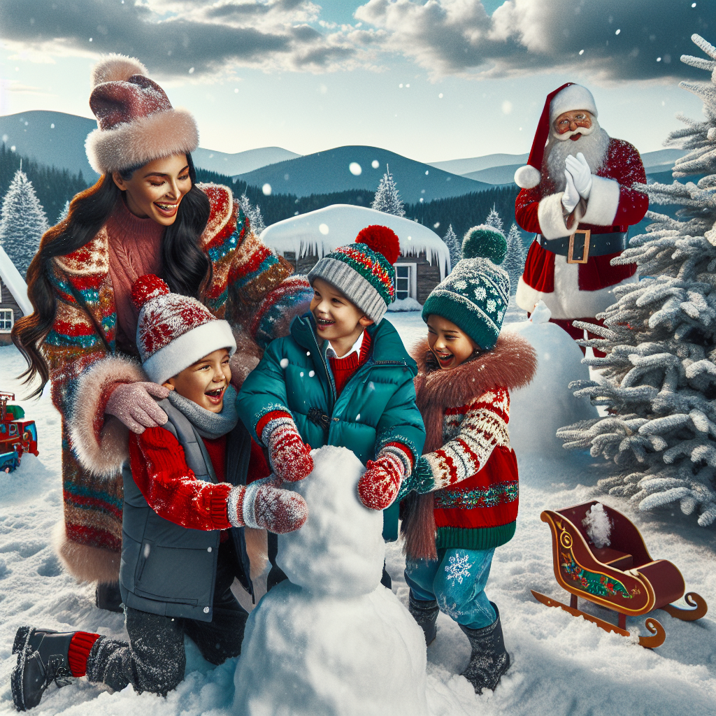 Two children, boy 4 year, girl 7 year, mom, dad, santa Christmas Card