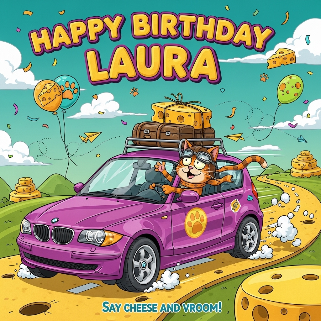 Cheese , Purple BMW 120i, Tabby cat , Travelling , , and Birthday Card