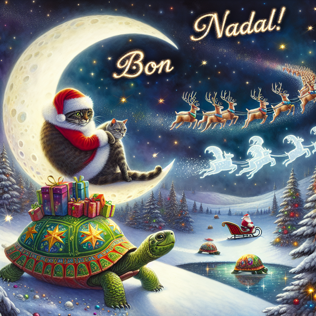 A cat and a turtle with santa claus Christmas Card