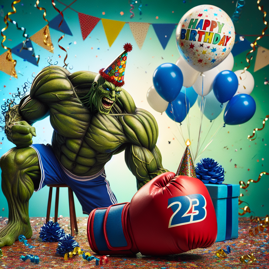 Imagine a birthday scene with a captivating and fanciful feel. In the centre, a large, muscular figure with green skin, similar to popular comic-book characters, is decked in a party hat and effortlessly bounces a soccer ball painted with the number '23', signifying the birthday age. A kickboxing glove, draped with joyous streamers, leans against the ball. The backdrop explodes with various shades of blue - the birthday individual's favorite color, while confetti and balloons enhance the cheerful ambiance.
Generated with these themes: Marvel (specifically the Hulk), Football (soccer) , Kickboxing , Turning 23, and Favourite colour is blue .
Made with ❤️ by AI.
