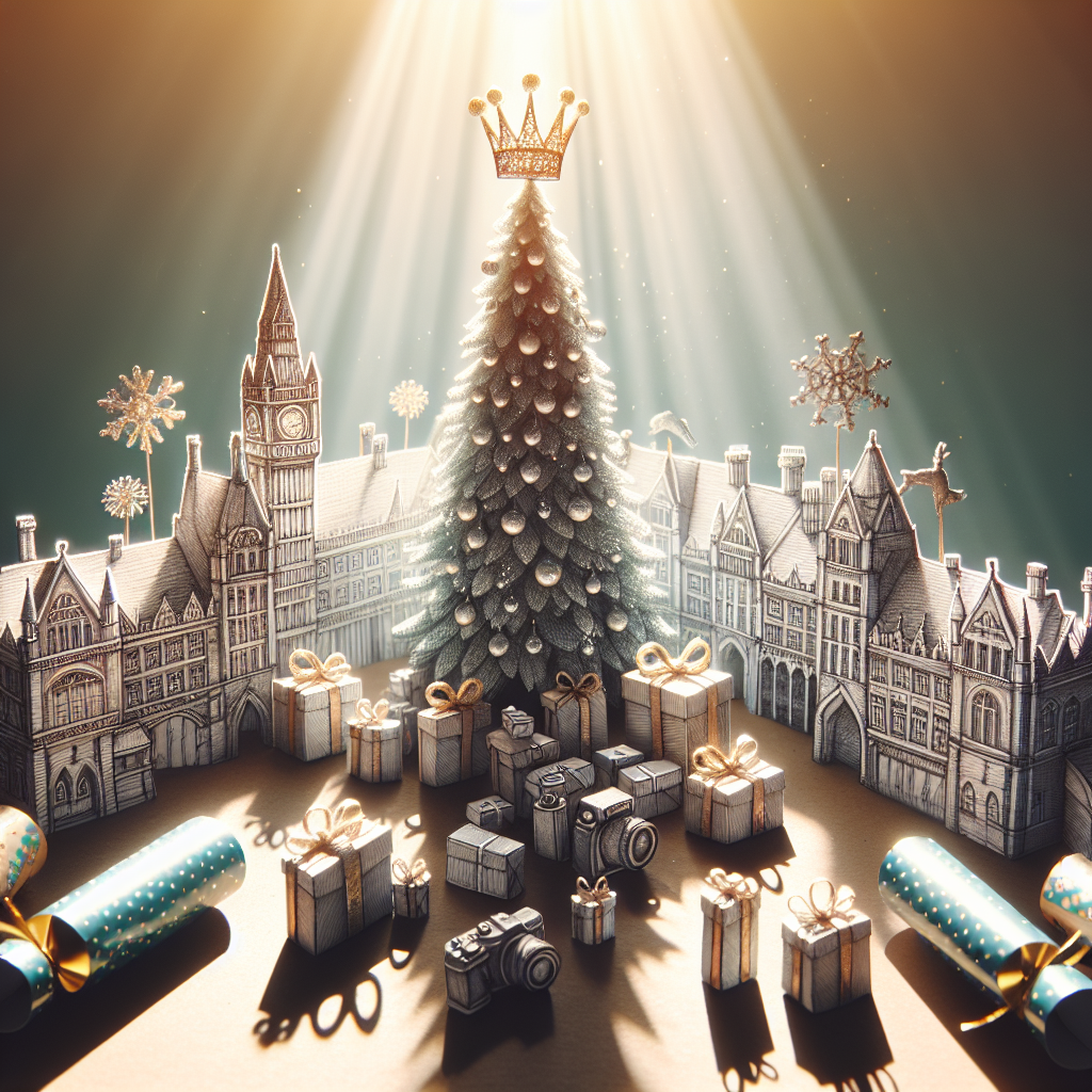 In this charming Christmas-themed illustration, Manchester's Media City comes to life with holiday spirit. The centerpiece is a towering Christmas tree, grandly decorated with shiny crown ornaments. Wrapped gifts create a festive base around the tree, and scattered Christmas crackers promise explosive fun. Cameras capture the moment, symbolizing the magic of the season broadcasted to the world, while sunbeams filter through, casting a serene glow over the entire enchanting scene.
Generated with these themes: Giant christmas tree with crown decorations on it, Presents, Manchester, Media city, Cameras, Christmas crackers, and Sunbeams.
Made with ❤️ by AI.