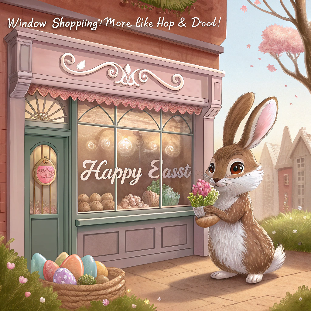 At the top of the image, "Window shopping? More like hop & drool!"

— The scene is a highly realistic photograph in warm, spring morning light. A fluffy brown and white Easter bunny with oversized ears and adorably big eyes is standing on its hind legs outside a charming, old-fashioned chocolate shop.

— The shop has a vintage wooden bay window, painted in pastel tones with “Happy Easter” hand-painted in looping white cursive across the glass. The window is brimming with ornately wrapped Easter eggs, chocolate chicks, golden bunnies, and pastel foil delights stacked on lacy trays.

— The bunny is holding a tiny wicker basket, partially filled with decorated eggs, and is peering up at the window with wide-eyed wonder and twitching nose.

— Behind the glass, the reflections of other chocolate delights shimmer subtly in the light, creating a magical candyland feel.

— Tulips and daffodils bloom near the shop’s doorstep, and tiny chick footprints lead toward the bunny, suggesting a festive little adventure in progress.
Generated with these themes: Brown and white cute Easter bunny with big eyes and big ears, Old fashioned chocolate shop with bay window full of Easter eggs, Happy Easter written on shop, Easter bunny holding a basket looking in the window of the chocolate shop, and .
Made with ❤️ by AI.
