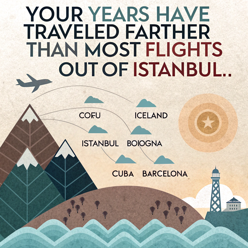 At the top of the image, "Your years have traveled farther than most flights out of Istanbul..."

– Create an abstract image that captures a solemn birthday mood through a muted color palette and textured, dreamlike forms. Incorporate symbolic references to the seven cities (Corfu, Iceland, Istanbul, Bologna, Cuba, Barcelona) subtly through elements like:  

- Icy blues and sharp peaks representing Iceland merging with  
- Sun-faded ochres and rhythmic wave motifs for Cuba,  
- Mosaic-like fragments in jewel tones reflecting Barcelona's Gaudí spirit,  
- Classical arch forms dissolving into espresso-toned ink washes for Bologna,  
- Breeze-warped olive branches for Corfu,  
- Gold-foiled crescent moon shadows evoking Istanbul,  
- All converging around a central glowing orb—dimmed slightly, as though capturing a setting sun.  

Keep the composition calm and contemplative, evoking quiet nostalgia, worldly reflection, and the poetry of distance traveled.
Generated with these themes: Corfu, Iceland, Istanbul, Bologna, Cuba, Barcelona, and .
Made with ❤️ by AI.