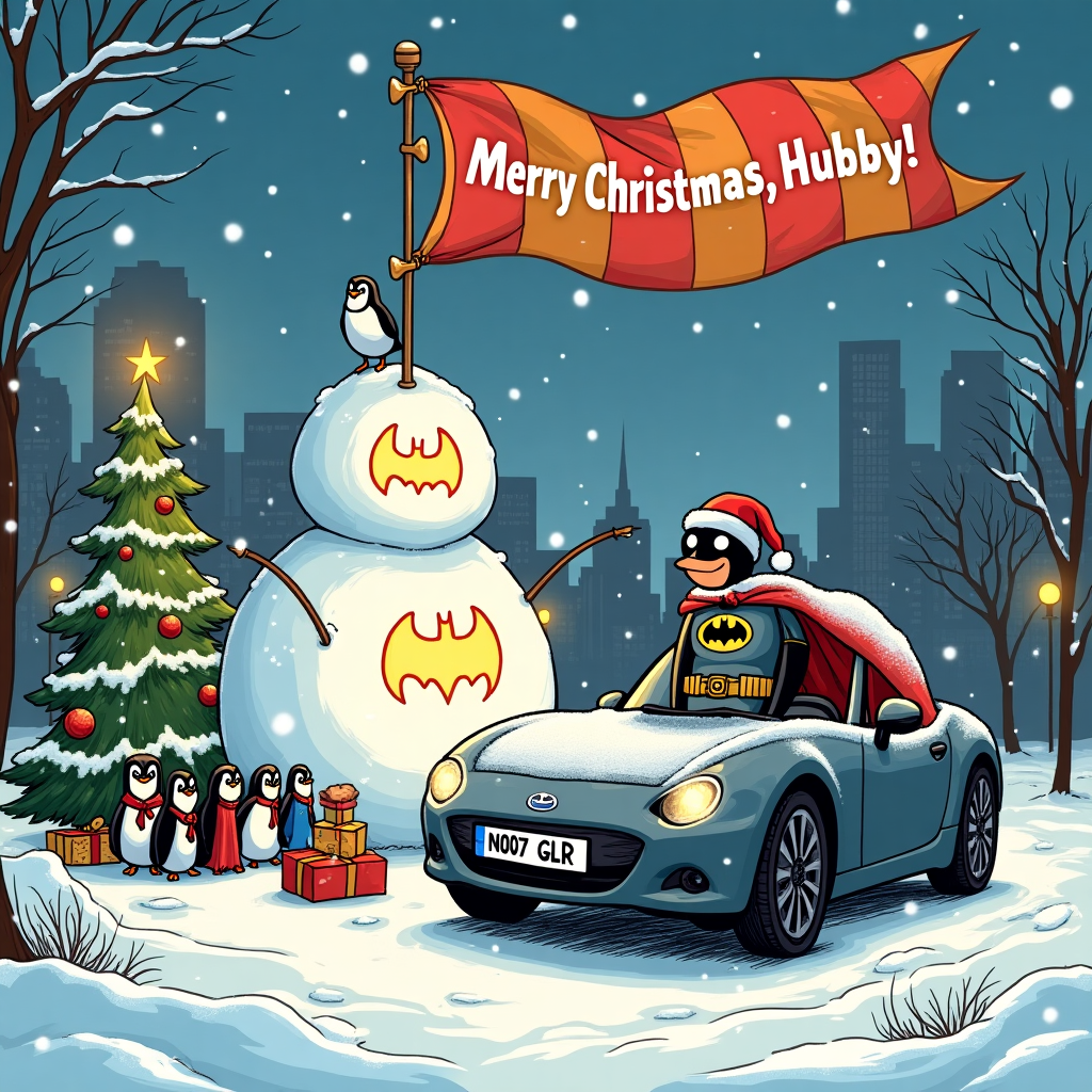 Grey MX5 ND with registration N007 GLR, Batman, Christmas, and Hubby Christmas Card