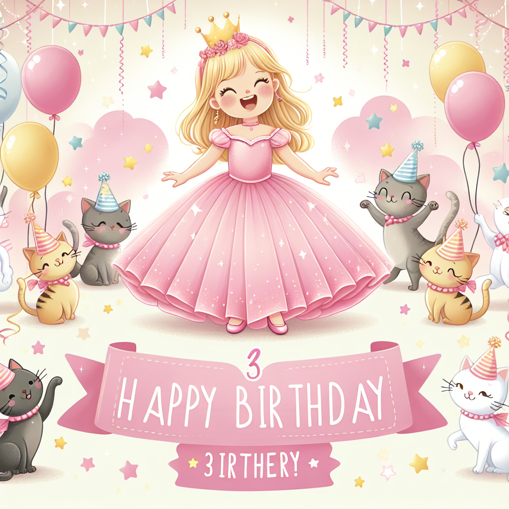 Create a vector illustration for a charming third birthday party invitation. The scene is centered around a 3-year-old Caucasian girl with blonde hair, joyfully dressed in a pink princess gown. She is accompanied by a group of playful cats wearing party hats, frolicking playfully in an atmosphere adorned with balloons and streamers. The scene captures the delightful and joyous vibe of a magical birthday party.
Generated with these themes: Age 3 girl blonde, Princess dresses, Cats, and Parties.
Made with ❤️ by AI.