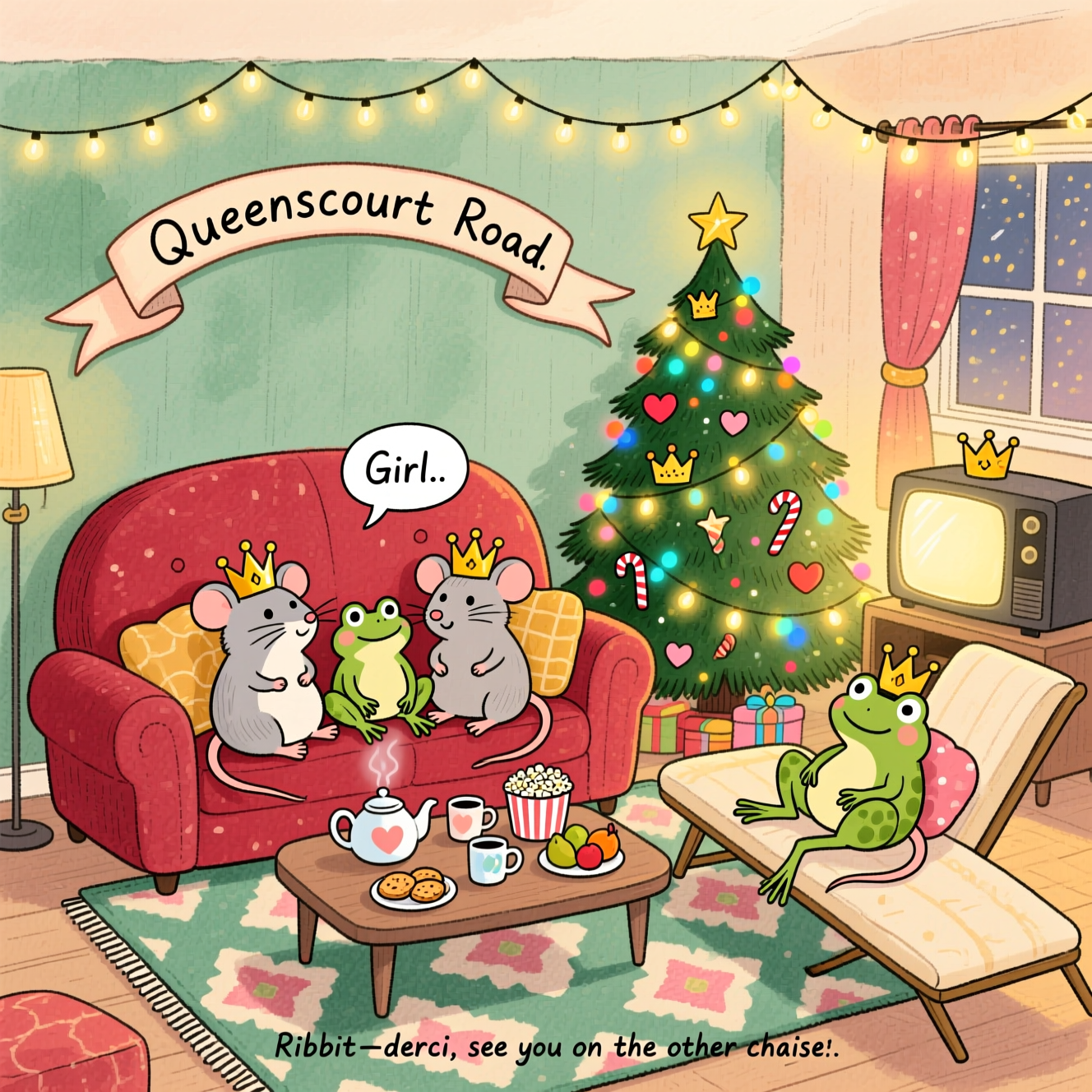 Hand-drawn illustration with fine linework, textured brush strokes, balanced composition, and a warm, expressive color palette. Vertical portrait, full-bleed, cozy and cute farewell mood.

Scene: A snug living room at holiday time. At the very top, an arched ribbon banner reads: “Queenscourt Road.” Center stage, a plump sofa with two adorable rats and one frog lounging together; all wear tiny gold crowns. The frog on the sofa has a small speech bubble that reads: Girl.. On the right, a second crowned frog reclines on a chaise longue (no speech bubble). A patterned rug covers the floor; a low coffee table holds a teapot, steaming mugs, and little snacks (biscuits, popcorn, fruit). A small TV glows softly from one side. In the back corner, a Christmas tree twinkles with colored lights and cute decorations (stars, hearts, tiny crowns, candy canes).

Style notes: Whimsical, expressive faces; soft ambient glow from the tree and string lights; warm palette of pine green, cranberry red, honey gold, blush, and cream; gentle watercolor/gouache washes over paper grain; crisp ink lines; subtle shading; charming, lived-in details.

Text elements (only these):
- Top banner: “Queenscourt Road”
- Small speech bubble from the frog on the sofa: Girl..
- A single cheeky caption along the bottom center, small and playful hand-lettering: “Ribbit-derci, see you on the other chaise.”

Ensure legible, tasteful text placement; keep everything cute, cozy, and balanced.
Generated with these themes: .
Made with ❤️ by AI.