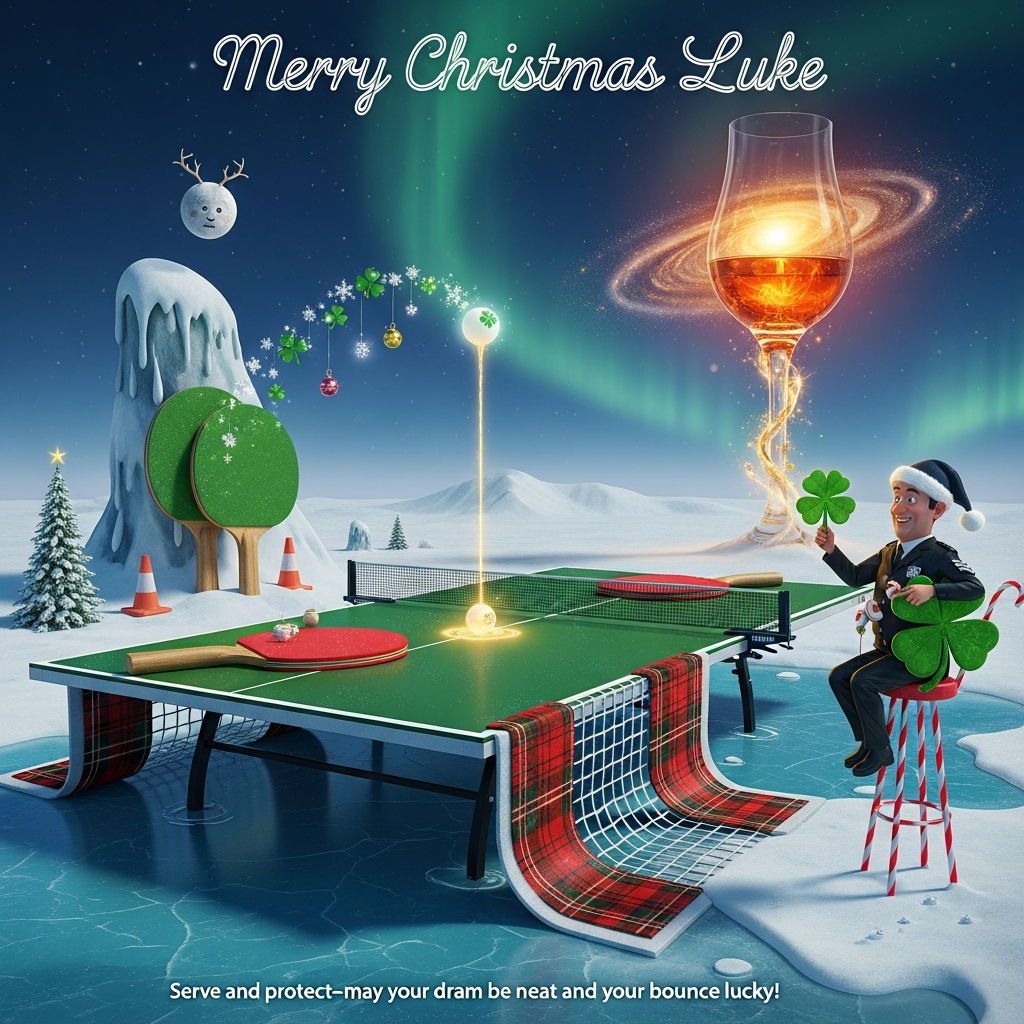 At the top of the Surreal Style image, “Merry Christmas Luke” in shimmering frosted script with a gentle snow-glow

Dreamlike, Dali-inspired surreal winter landscape: an enormous ping-pong table unfurls across a snow-dusted dreamscape, its green surface subtly melting into a frozen loch. The net droops like taffy, woven from a red-and-green tartan ribbon. Paddles are oversized glossy four-leaf clovers, and a glowing snow-globe ping-pong ball arcs through the air, trailing tiny clover-shaped snowflakes and twinkling jingles. A friendly, slightly exaggerated policeman in a Santa hat and tartan scarf perches on a spindly candy-cane umpire chair, holding a clover paddle and a candy-cane whistle, his badge softly glowing as a four-leaf clover. On the horizon, a monumental tulip-shaped Scottish whisky glass rises like a lighthouse, swirling with an amber galaxy that casts warm, ethereal light; a delicate golden stream pours from it to paint the center line of the table. Melting fir trees shaped like paddles and traffic cones droop in the distance; a moon-ping-pong ball with tiny antlers hovers above; clover-snow drifts in a slow, dreamlike spiral. Long elastic shadows, crystalline blues and aurora greens kissed by whisky ambers and festive reds, soft volumetric glow, high detail, whimsical and funny Christmas mood, otherworldly yet cozy, cinematic composition.

At the bottom of the Surreal Style image, small playful caption: “Serve and protect—may your dram be neat and your bounce lucky!”
Generated with these themes: Table Tennis, policeman, scottish whisky, four leaf clover, and .
Made with ❤️ by AI.
