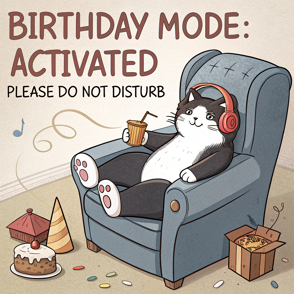 Contented black and white cat sitting in an armchair with a pint of lager, with it's feet up, and wearing noise cancelling headphones. There is no writing or text on the card. Birthday Card