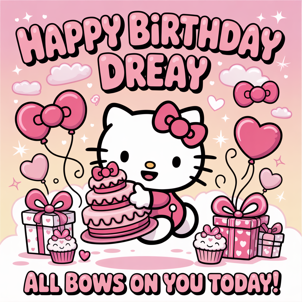 At the top of the Cartoon Style image, "Happy Birthday Drea"

At the bottom of the image, "All bows on you today!"

In the center, feature Hello Kitty in a joyful, energetic jump, oversized head and iconic pink bow, hugging a towering strawberry-frosted cake with a big bow-shaped topper. Surround her with pink bow- and heart-shaped balloons, sparkling confetti swirls, gift boxes tied with huge bows, and smiling cupcakes. Background is a soft pink gradient sky with fluffy heart-shaped clouds and twinkly star sparkles. Use thick black outlines, bright saturated bubblegum pinks, blush, fuchsia, and white with pops of strawberry red and pastel lavender; soft cel shading and glossy highlights for a super-cute, kawaii vibe. Make the headline big, bubbly, candy-pink with white polka dots, thick white outline and a soft pink drop shadow; keep clear space behind the top and bottom text for readability. Portrait composition, text-forward, no extra text or watermark.
Generated with these themes: Hello Kitty, Pink, and .
Made with ❤️ by AI.