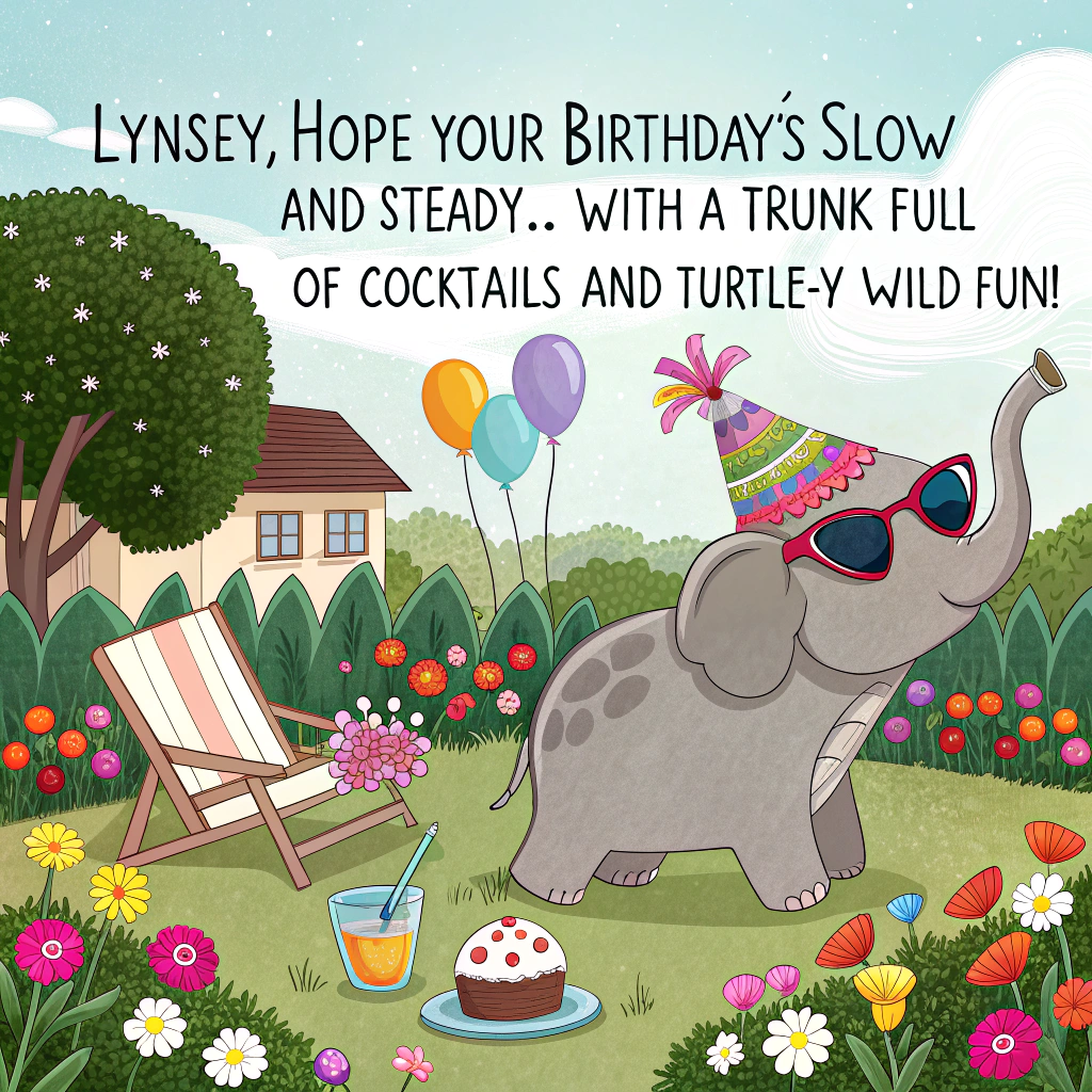 At the top of the image, "Lynsey, hope your birthday’s slow and steady... with a trunk full of cocktails and turtle-y wild fun!"

Image description:
In a lush backyard garden brimming with vibrant flowers and party decorations, a realistic photograph shows a large elephant wearing a glittery party hat trying to balance a fancy birthday cake on its back. Meanwhile, a grumpy turtle in oversized sunglasses lounges in a tiny deckchair next to a garden gnome holding balloons. A spilled piñata lies in the background, surrounded by cocktail umbrellas and jelly beans. The whole scene is caught in golden-hour lighting, with chaotic but cheerful party vibes — pure birthday mayhem.
Generated with these themes: Turtle elephant garden.
Made with ❤️ by AI.