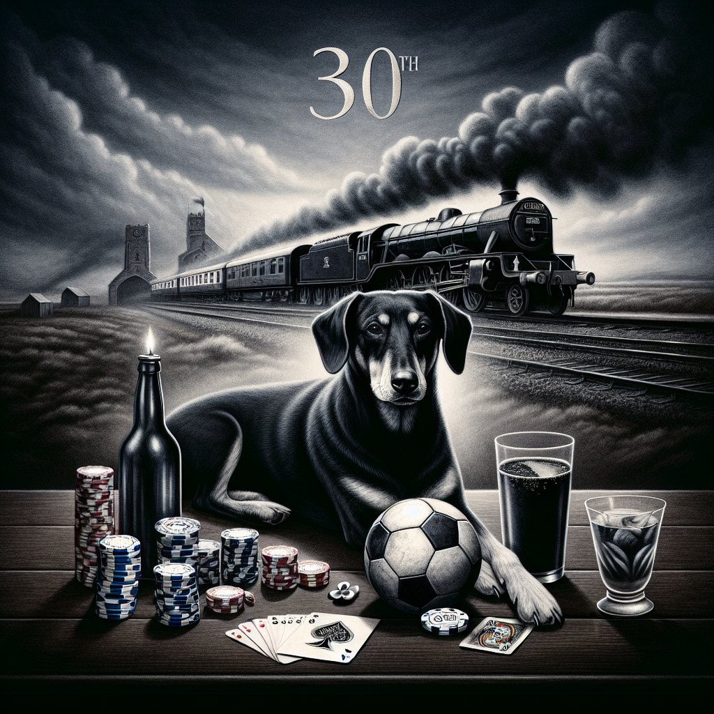 A solemnly atmospheric illustration of a 30th birthday celebration that signifies maturity and contemplation. The central element is a soccer ball, symbolizing a deep passion for the sport. A black and tan sausage dog is reclining nearby, representing loyal companionship. Poker chips and cards are arranged carefully, indicating a love for strategic games. In the background, a mighty freight train steams along the rails, symbolizing the forward motion of life and progress. There's also a subtle inclusion of cricket equipment that denotes another prized hobby.
Generated with these themes: Soccer , Black and Tan sausage dog , 30, Poker, Freight train , and Cricket .
Made with ❤️ by AI.