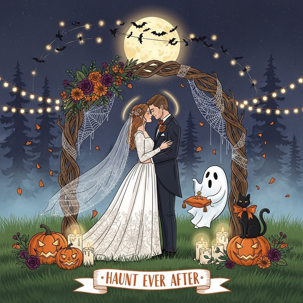 Romantic Halloween wedding illustration at midnight in a moonlit forest clearing. Centered couple in a tender embrace beneath a twisted-branch arch draped with cobweb lace and autumn florals (burnt orange marigolds, burgundy dahlias, deep plum roses, eucalyptus). The bride’s flowing gown has delicate spiderweb lace and a soft veil catching moonlight; the groom wears a classic tux with a tiny bat-shaped bow tie. Heart-eyed jack‑o’‑lanterns and pillar candles glow at their feet, casting warm amber light; a friendly ghost ring‑bearer floats nearby with a little pillow, and a black cat with a satin bow sits on a pumpkin. Above, a luminous harvest moon halos the couple while a swirl of tiny bats and fireflies arcs into a subtle ring shape around them. Gentle leaf confetti drifts through the air. Background: silhouettes of tall pines, string lights twinkling like stars, light mist for dreamy depth. Style: hand-drawn illustration with fine linework, textured brush strokes, balanced composition, and a warm, expressive color palette (candlelit oranges and golds, indigo night, velvety plum, moss green, soft bone white highlights, hints of copper). Soft, romantic lighting, no gore or harsh horror—whimsical, cozy, and affectionate. Full-bleed, portrait orientation with generous negative space around the couple for breathing room.

Include small text within the image: “Haunt Ever After”
– Placement: bottom center on a gently curved ribbon banner
– Treatment: hand-lettered, playful script, warm copper ink with subtle texture
– Only this text; no other words or logos
Generated with these themes: Halloween, and .
Made with ❤️ by AI.
