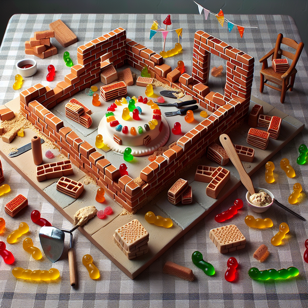 Generate an image of a delightful realistic birthday environment, situated amid a small-scale brick construction activity, replete with minute, perfectly designed red bricks and a dainty trowel. Amidst the construction effort, a variety of colorful jelly babies provide a fanciful contrast, seemingly aiding in the construction process. The table is decorated with a checkered fabric and accommodates a central cake, where icing is adeptly used to resemble the consistency of mortar, hence supplementing the brick-layering theme.
Generated with these themes: Bricklaying, and Jelly babies.
Made with ❤️ by AI.