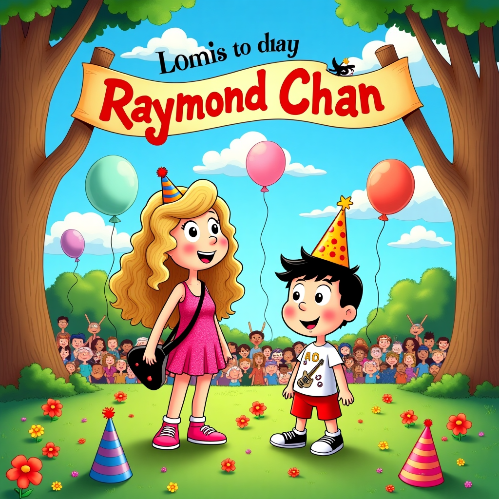 **Front Cover Illustration Description:**

The scene is a vibrant, cartoonish birthday bash set in a whimsical park. A lively color palette features bold reds, sunny yellows, sky blues, and lush greens. The backdrop is a soft, rolling landscape of exaggerated hills, dotted with oversized flowers and quirky, lollipop-like trees, reminiscent of Charles Schulz’s Peanuts style.

**Central Figures:**

1. **Taylor Swift:**
   - Illustrated with an exaggeratedly long, curly blonde hair cascading down her shoulders.
   - She wears a sparkling, cartoon-style stage outfit in glittery pink with a guitar slung over her back.
   - Her expression is playful, with oversized eyes and a bright smile, leaning towards Walt Disney’s character style.
   - She stands next to a gigantic birthday cake, towering with several colorful tiers, each decorated with musical notes and tiny guitars.

2. **Raymond:**
   - A friendly caricature of a character with large, expressive eyes like those in Osamu Tezuka's work.
   - He has a goofy, delighted expression with an exaggeratedly wide grin.
   - His outfit is playful, featuring a colorful party hat with polka dots and a t-shirt displaying cartoon-style musical instruments.

**Foreground Elements:**

- A large, whimsical banner stretched across two trees reads, “Raymond Chan” in bold, playful letters that seem to dance, inspired by Bill Watterson’s lettering style.
- Balloons float around, each with comically exaggerated sizes and faces, echoing the playful nature of Gary Larson’s cartoons.
- Party hats are scattered across the grass, some resembling the iconic striped hats from Calvin and Hobbes.

**Background Elements:**

- The sky is a bright blue, scattered with fluffy clouds that are whimsically shaped like various musical instruments, in a nod to Hergé’s attention to detail.
- A crowd of cartoon characters in diverse, exaggerated styles, inspired by R. Crumb's underground comix, cheer in the background, each with distinct, playful features.
- A banner flies across the top of the scene with the text, "Happy Birthday, Raymond!" in vibrant, swirling letters.

The entire illustration is framed with a colorful border, featuring musical notes, stars, and small cartoon animals, reminiscent of Winsor McCay’s intricate designs, adding a festive touch to the card.
Generated with these themes: Taylor swift greets Raymond.
Made with ❤️ by AI.