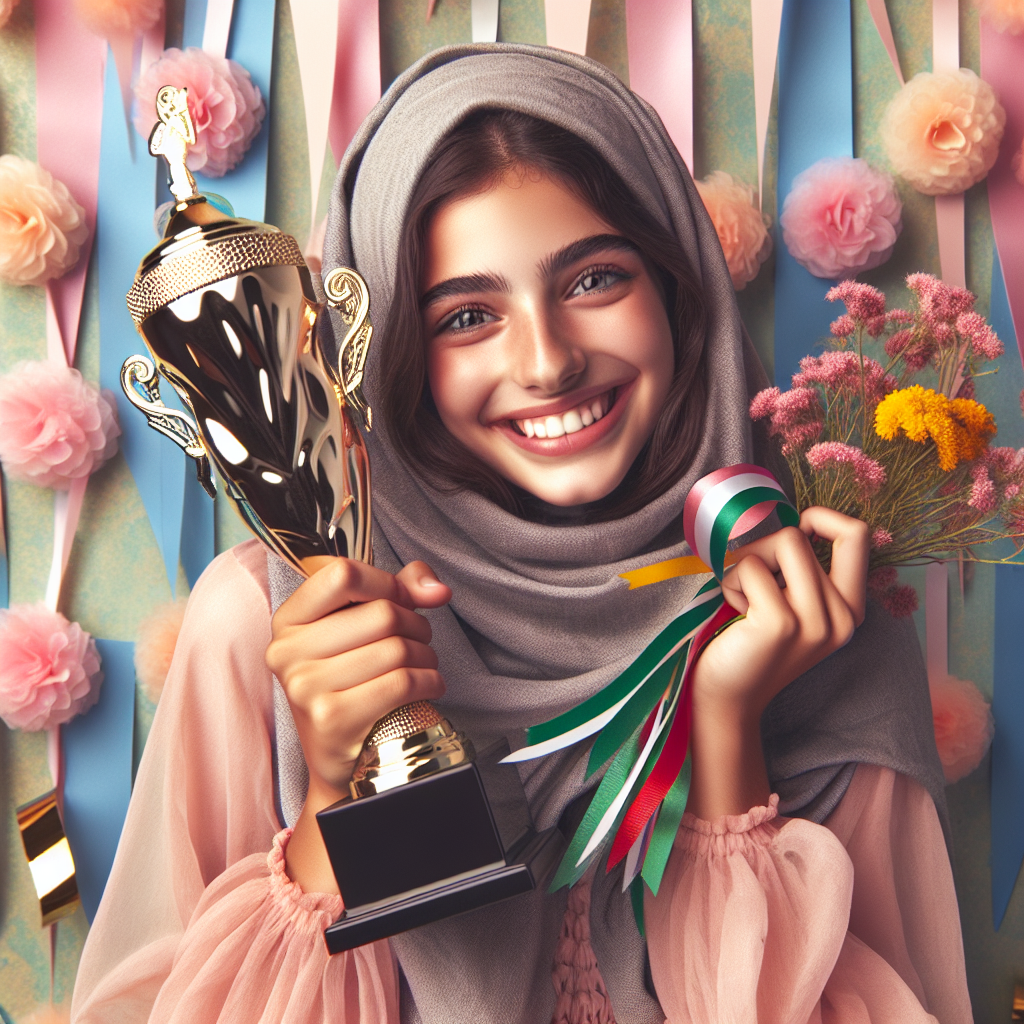 Create an image where the central focus is a jubilant Middle-Eastern teenage girl. She is full of joy, a testament to her recent victory, and holds a shiny trophy in her hands with youthful enthusiasm. Let her environment be filled with soft-colored streamers and clusters of cheery flowers, all strategically situated to enhance the genuine atmosphere. The warmth in her eyes and the precise details of the celebratory setting should provide a sincere acknowledgement of her well-deserved success.
Generated with these themes: Teenage girl.
Made with ❤️ by AI.
