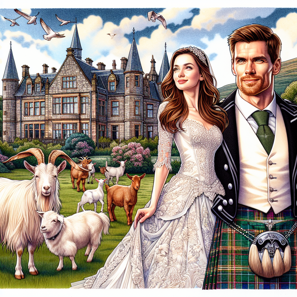 Themes: A white couple stood infront of goats, horses and dogs, the man is older with no beard and brown hair wearing a tartan kilt while the woman is in a white wedding dress with brown hair, all infront of a big country house. Wedding Card
