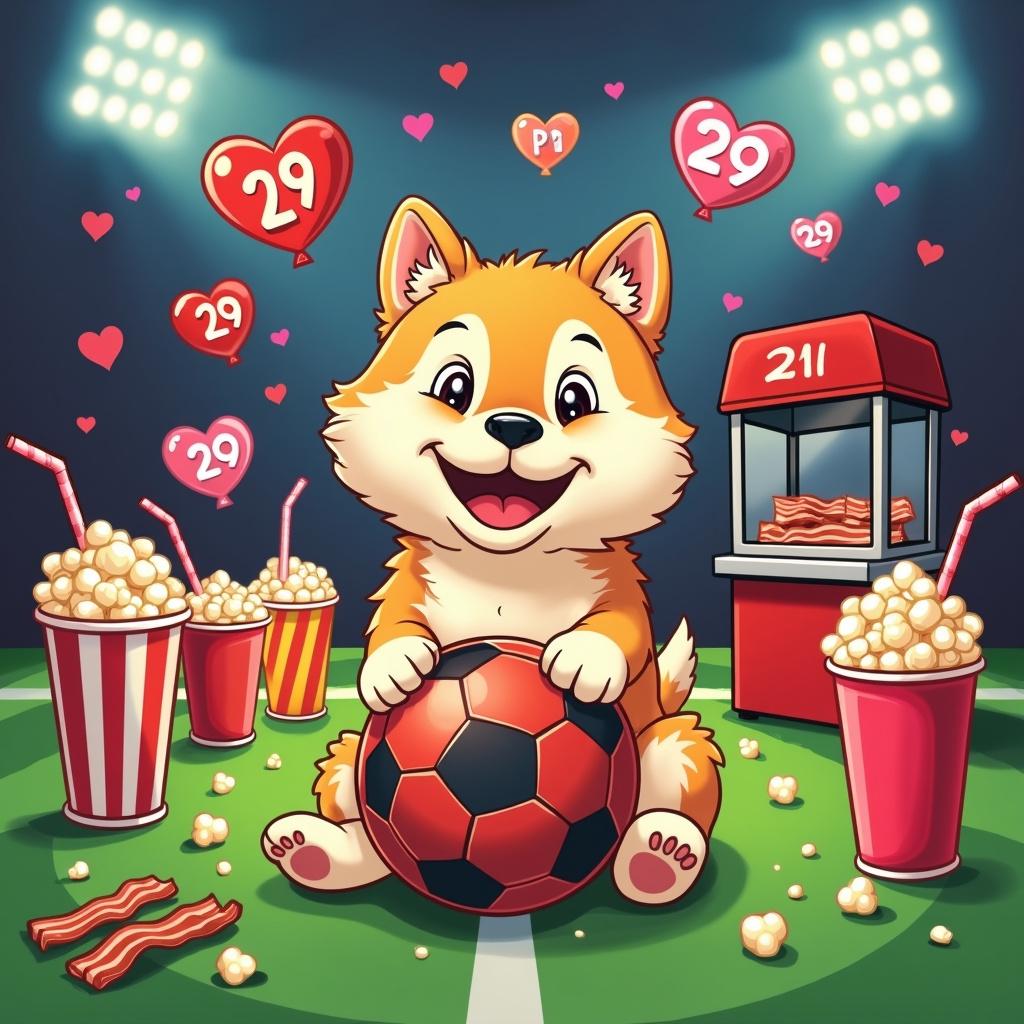 Akita, Arsenal badge , Popcorn, Bacon, Slushie, 29, Love, Soccer ball, and Cinema Birthday Card