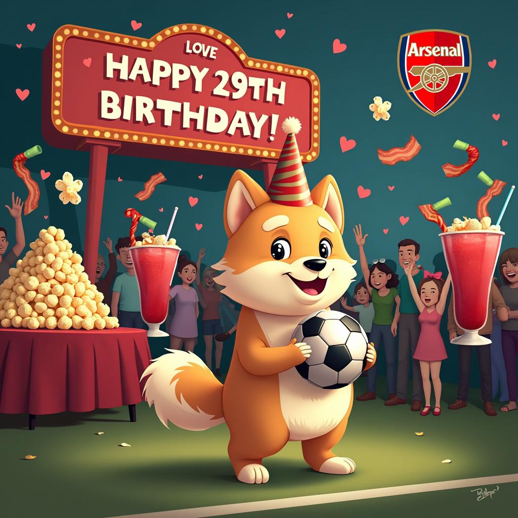The birthday scene is bustling with a lively cartoon atmosphere. At the center stands a cheerful Akita dog, with bright eyes and a fluffy coat, donning a party hat. It's clutching a round Arsenal soccer ball lightly in its paws. To the right, a cinema marquee displays 'Happy 29th Birthday!' in bold, playful letters. Underneath the marquee, guests are joyously tossing popcorn in the air, each kernel cartoonishly round and buttery. On a table to the left, a mountain of crispy bacon strips is piled high, with each strip featuring exaggerated curves and a glistening sheen. Nearby, guests are sipping from oversized, vibrant slushies adorned with twisty straws and umbrellas. The background is dotted with floating hearts to symbolize love, and in the corner, the Arsenal badge is depicted with sharp precision, showcasing a cannon and the team colors, red and white. The lower portion of the scene features a grassy expanse, referencing a soccer field, complete with white boundary lines.
Generated with these themes: Akita, Arsenal badge , Popcorn, Bacon, Slushie, 29, Love, Soccer ball, and Cinema.
Made with ❤️ by AI.