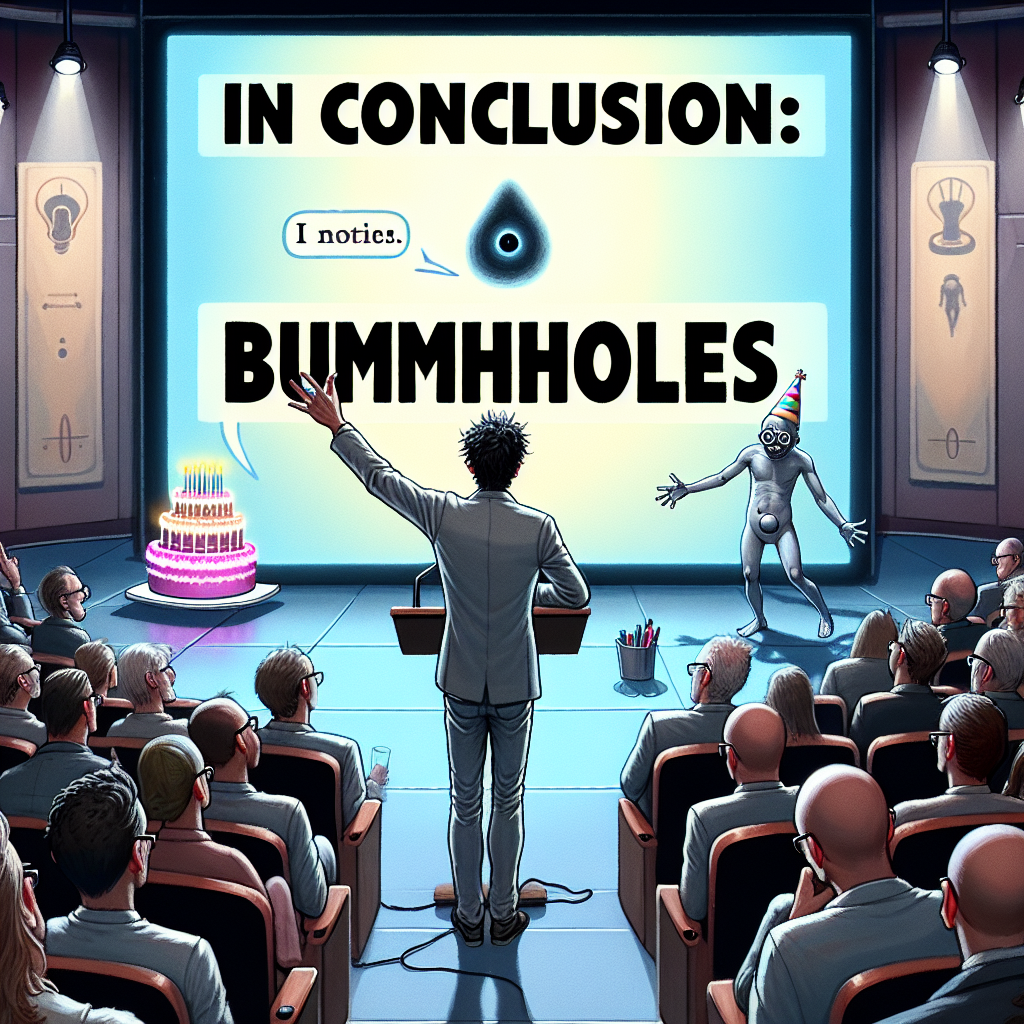 Sam, who has dark hair and glasses, is giving a lecture to a packed auditorium about his AI research paper for a famous conference , The screen Sam is presenting on just has the text "In conclusion: Bumholes" and nothing else, There is an evil AI somewhere in the background , and Someone is walking onstage with a party hat and birthday cake, saying to Sam "Happy Birthday!" In a speech bubble Birthday Card