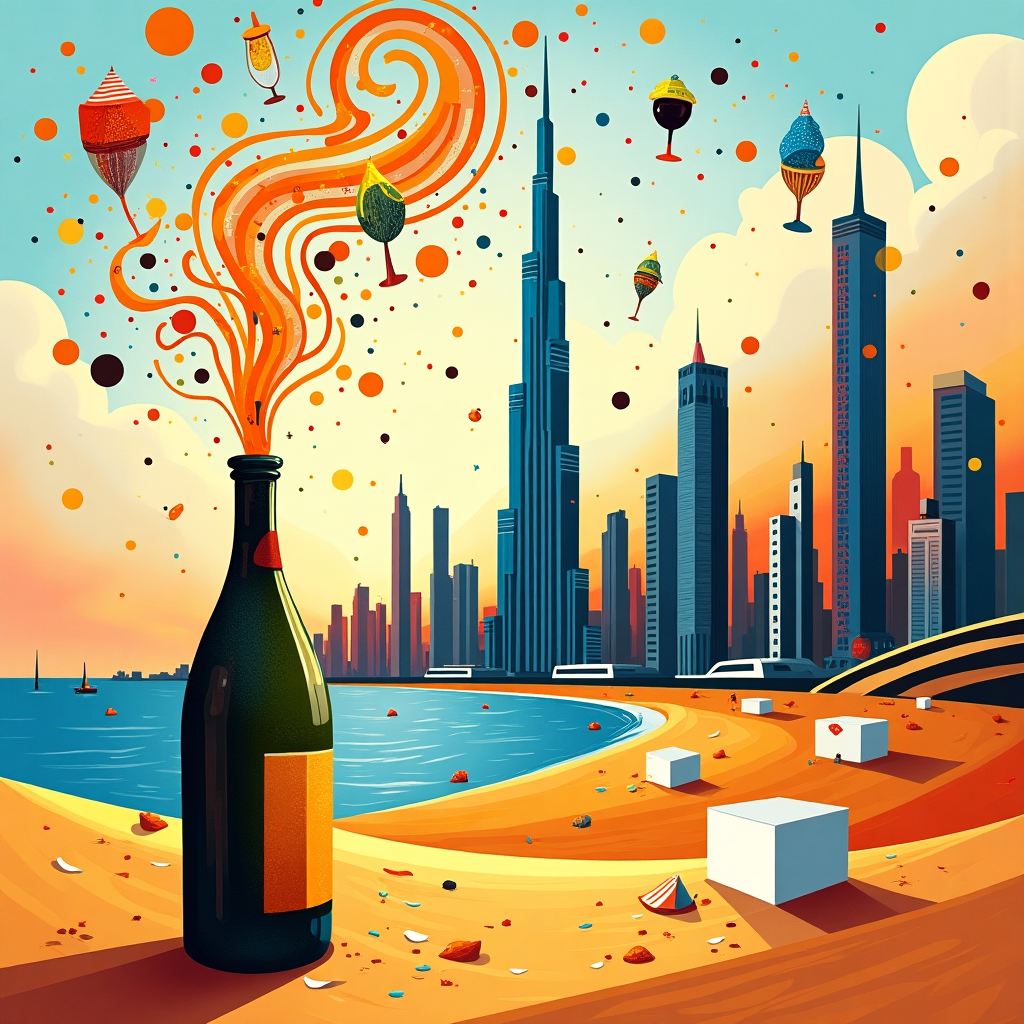 In this delightfully quirky and abstract birthday card scene, imagine a wild, geometric celebration taking place amidst the dazzling skyline of Dubai. At the forefront, there's a large, bubbly, champagne bottle with a cork that's just popped, sending a cascade of fizzy golden swirls into the sky, reminiscent of Kandinsky's fluid forms. These effervescent curls twist and twine with the sharp, angular lines of skyscrapers inspired by Mondrian's grids. The iconic Burj Khalifa rises as a series of bold, linear strokes, each segment a different vibrant color, reminiscent of Rothko's blocks of color, yet harmonizing in an unexpected, chaotic dance.

Floating above, as if held aloft by invisible strings, are de Kooning-esque abstract figures, joyfully toasting to the occasion with champagne flutes that spill rainbow droplets—each droplet becoming a tiny, swirling Pollock splash against the canvas of the sky. Twombly-inspired scribbles of laughter and chatter flutter around, like confetti caught in a gentle breeze.

At the bottom of the scene, a stylized desert sandscape unfolds, where dunes curve in soft, dreamy waves akin to Miro’s playful shapes. Scattered across this sandy expanse are minimalist, white cuboid structures that nod to Malevich's suprematist forms, each adorned with rich patterns and textures, as if they've donned party hats and joined in the revelry.

Against the backdrop, a spectrum of gentle hues reminiscent of Richter's abstract color fields seamlessly blend, capturing the essence of a desert sunset, painting the scene with a fantastical, surrealist light. And throughout the composition, fine lines and grids subtly weave, a tribute to Agnes Martin, grounding the jubilant chaos with an understated elegance.

This card captures the bustling essence of Dubai, the effervescence of celebration, and the free-spirited joy of birthdays, all rendered in a riotous, abstract symphony that’s as visually thrilling as it is intriguing.
Generated with these themes: Dubai, and Champagne .
Made with ❤️ by AI.