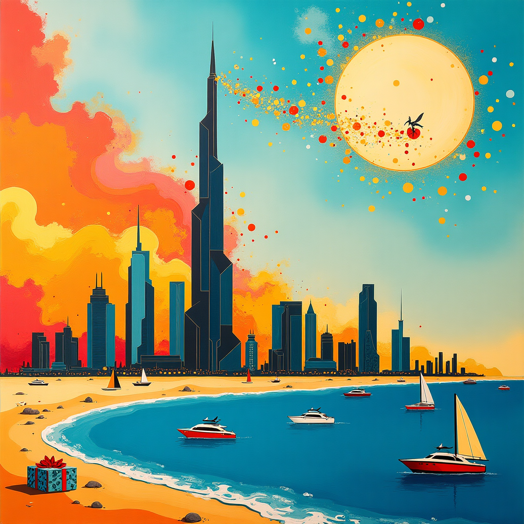 Picture this: The vibrant, swirling canvas of Dubai's skyline, but with a playful twist. The Burj Khalifa, in its towering majesty, is whimsically transformed into an oversized champagne bottle, its base anchored in the sand dunes. The cork, just popped, is soaring towards the crescent moon, creating a cascade of abstract, bubbly champagne droplets that take the form of shimmering gold and silver orbs. 

Below, the Palm Jumeirah is reimagined as a dynamic mix of geometric shapes in Mondrian-esque primary colors, interspersed with organic forms reminiscent of Miró's playful squiggles. These shapes subtly morph into abstract representations of luxury yachts floating on a cobalt blue sea, their sails replaced by sails made of dollar bills, hinting at Dubai's opulent allure.

Scattered across the scene are Pollock-inspired splatters of confetti in vibrant hues, symbolizing the birthday celebration. These splatters, some resembling birthday cake slices, dance alongside minimalistic, Rothko-inspired rectangles that evoke birthday gifts in pastel shades.

In the sky, a de Kooning-inspired sun casts its radiance, its rays depicted as swirling calligraphic strokes, perhaps nodding to Twombly's scribbles. Nestled within these strokes are tiny, abstract figures of people, joyously surfing down the sunbeams as if they were slides, adding a playful element to the grandeur of the scene.

This fusion of abstract elements, brought together by a palette of bold and pastel colors, intertwines the themes of Dubai and champagne into a celebratory story fit for a birthday greeting card, inviting the viewer to join in the festive chaos of an opulent yet whimsical celebration.
Generated with these themes: Dubai, and Champagne .
Made with ❤️ by AI.